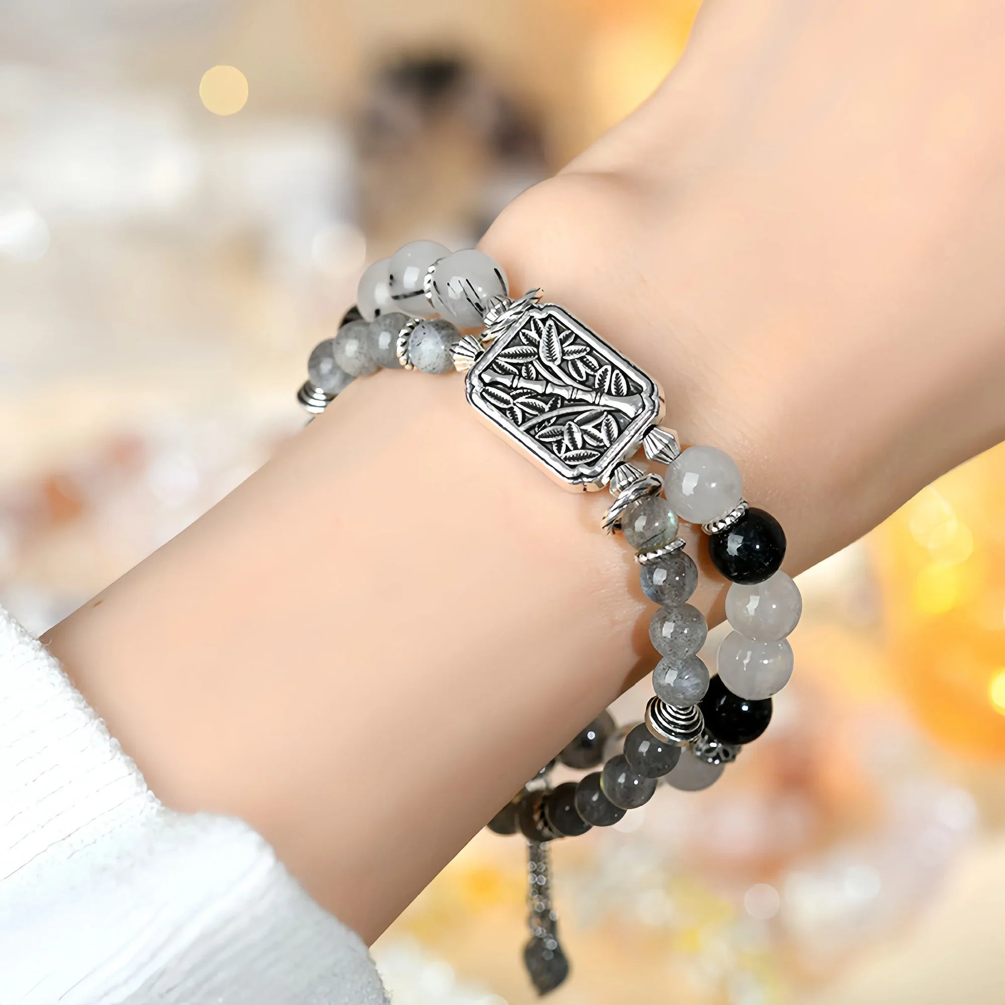 Dual Layer Labradorite & Black Rutilated Quartz Bracelet