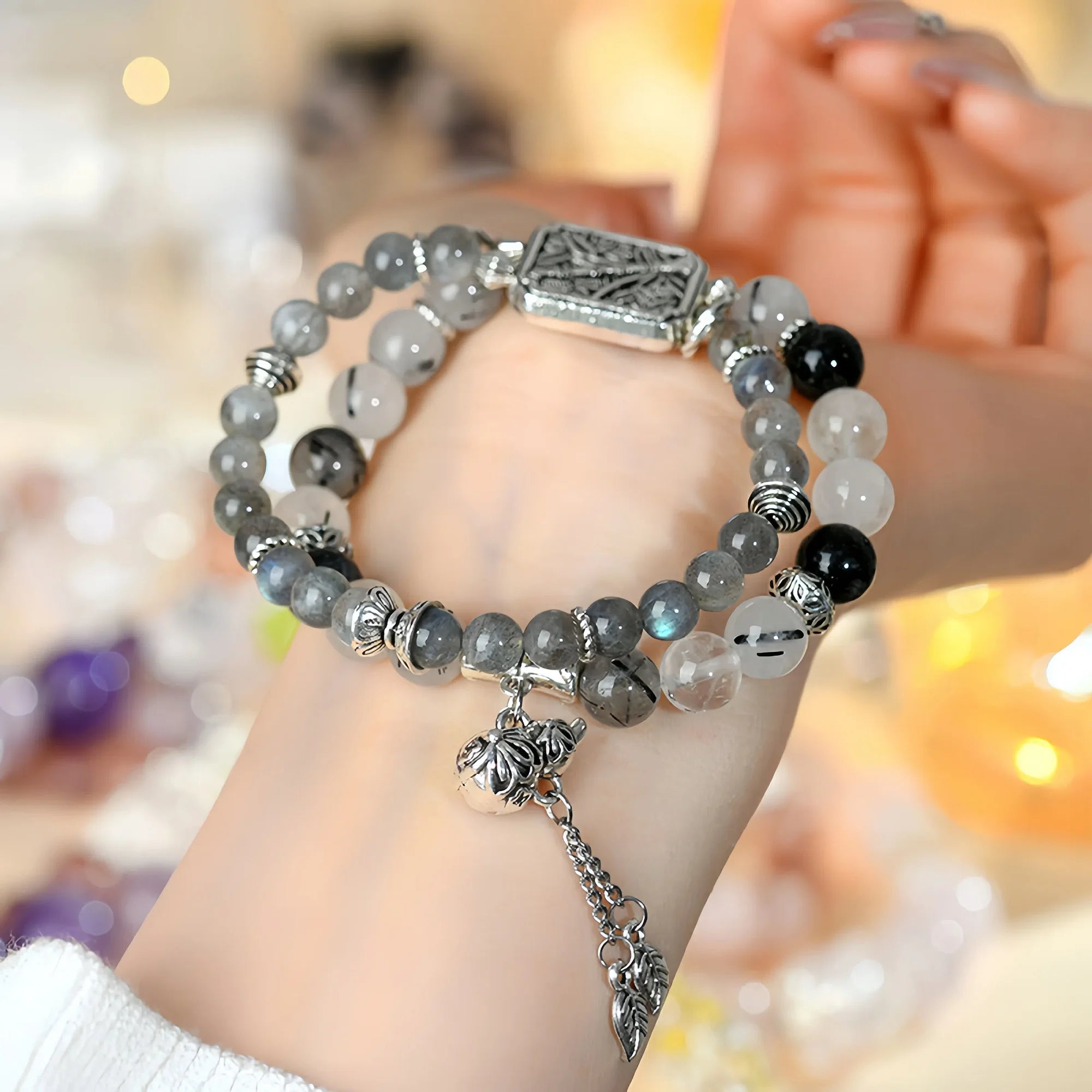 Dual Layer Labradorite & Black Rutilated Quartz Bracelet