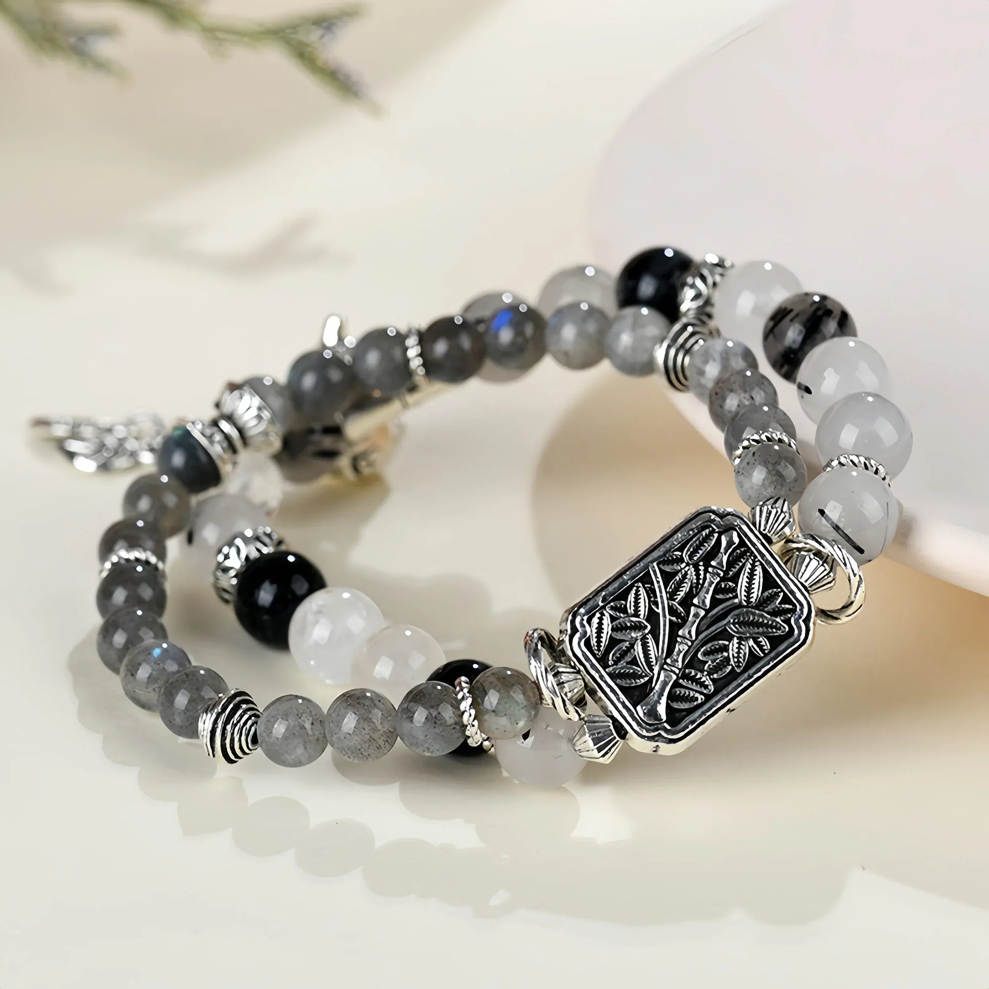 Dual Layer Labradorite & Black Rutilated Quartz Bracelet