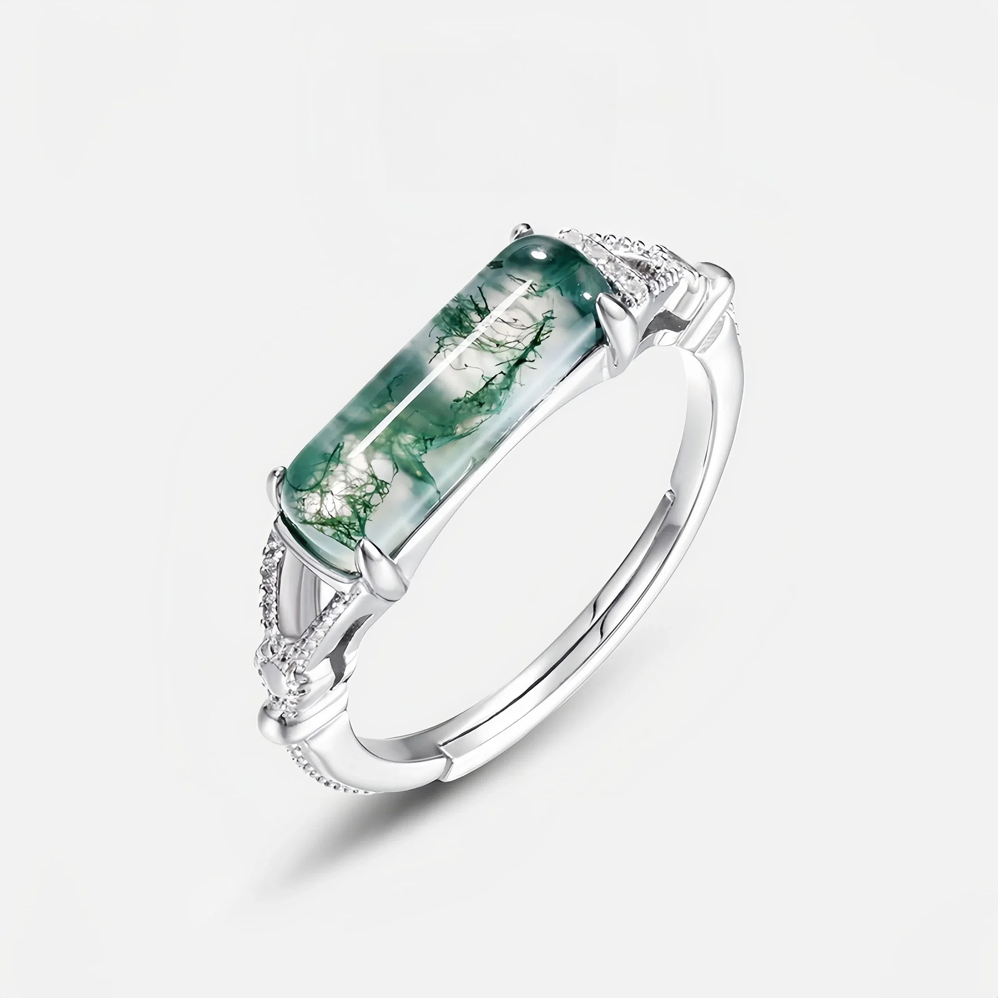 Elongated Moss Agate Silver Open Ring