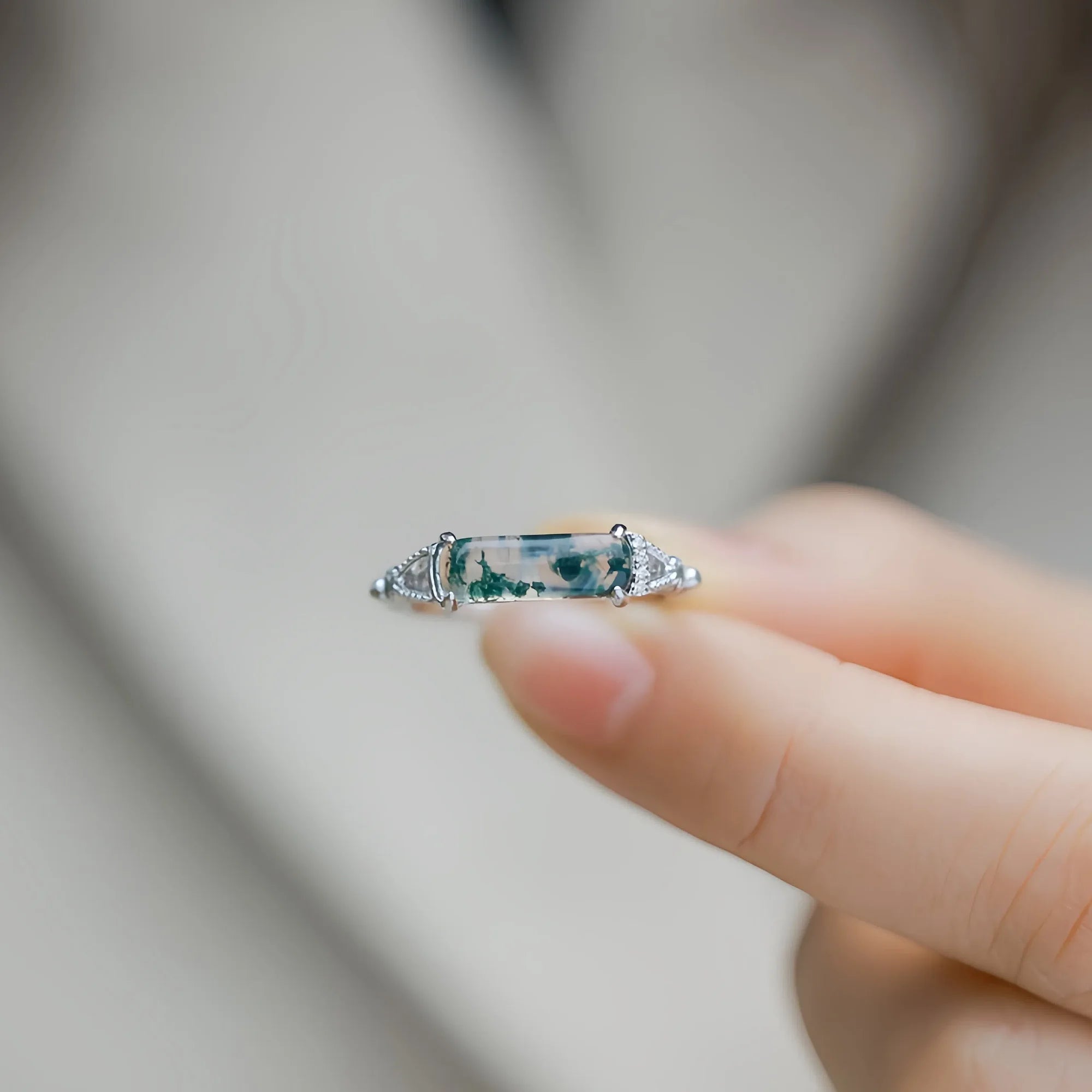 Elongated Moss Agate Silver Open Ring