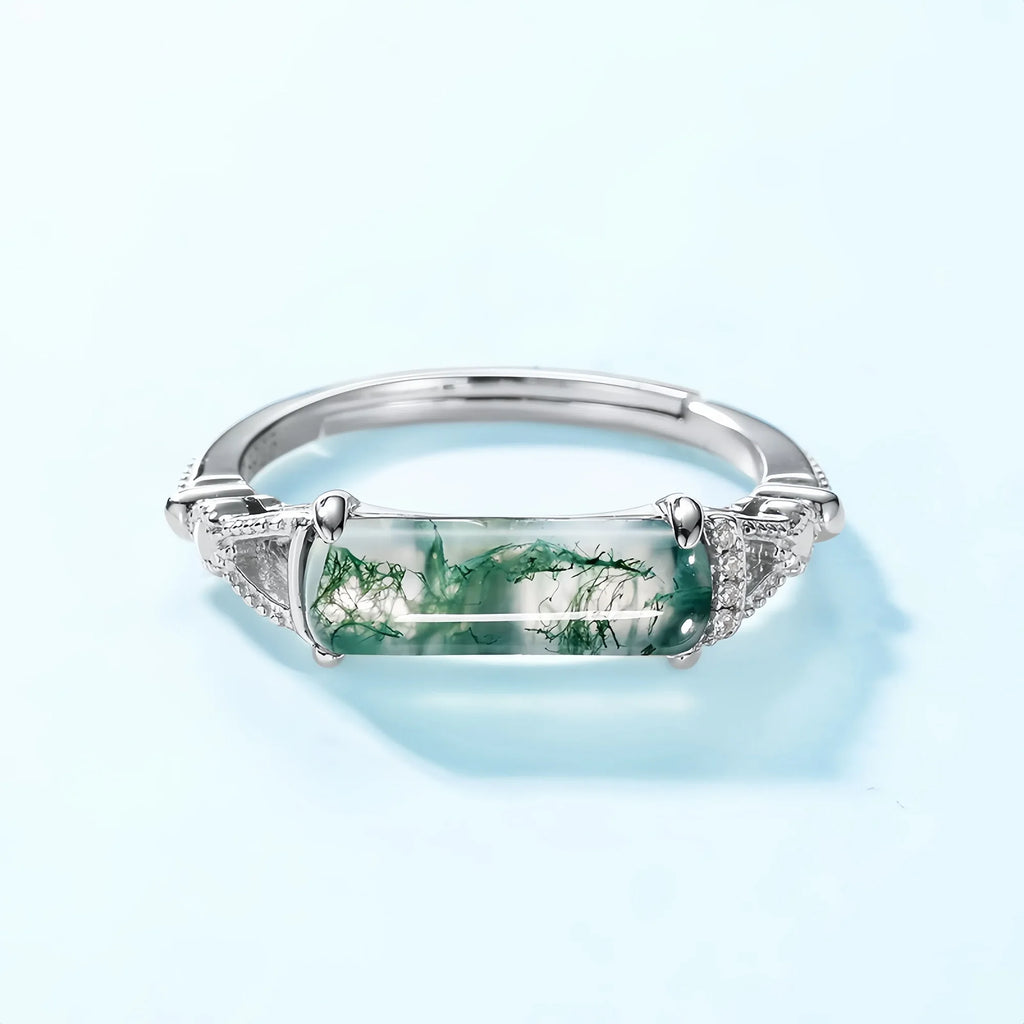 Elongated Moss Agate Silver Open Ring