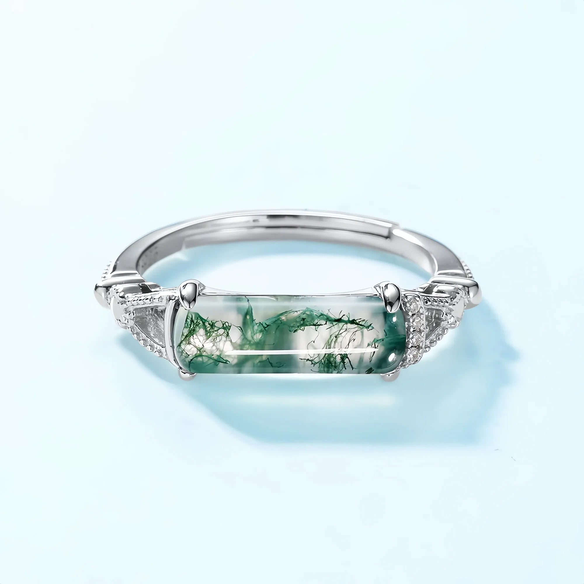 Elongated Moss Agate Silver Open Ring
