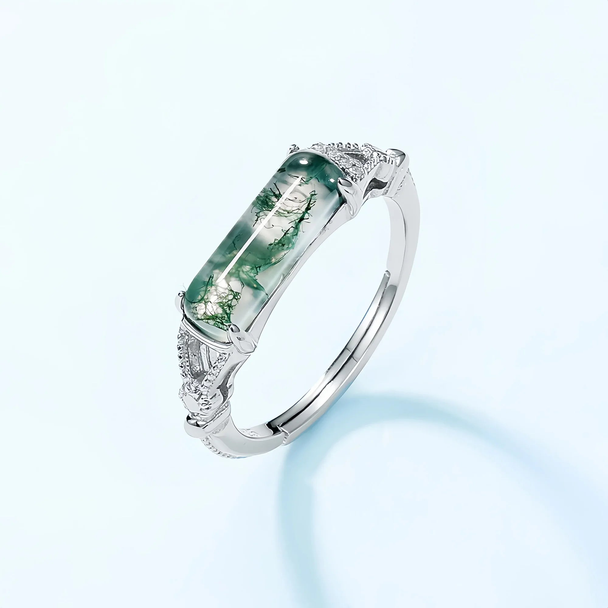 Elongated Moss Agate Silver Open Ring