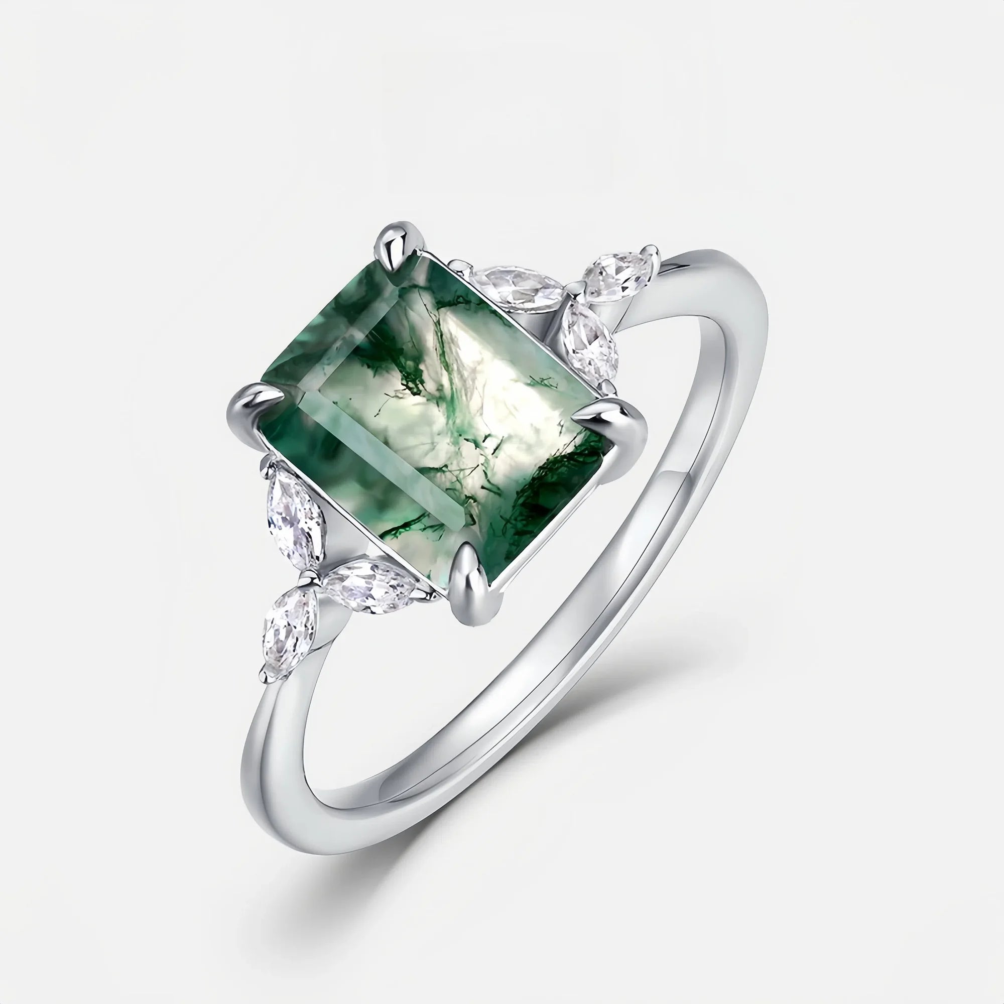 Emerald Cut Moss Agate Silver Ring