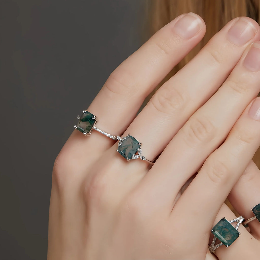 Emerald Cut Moss Agate Silver Ring