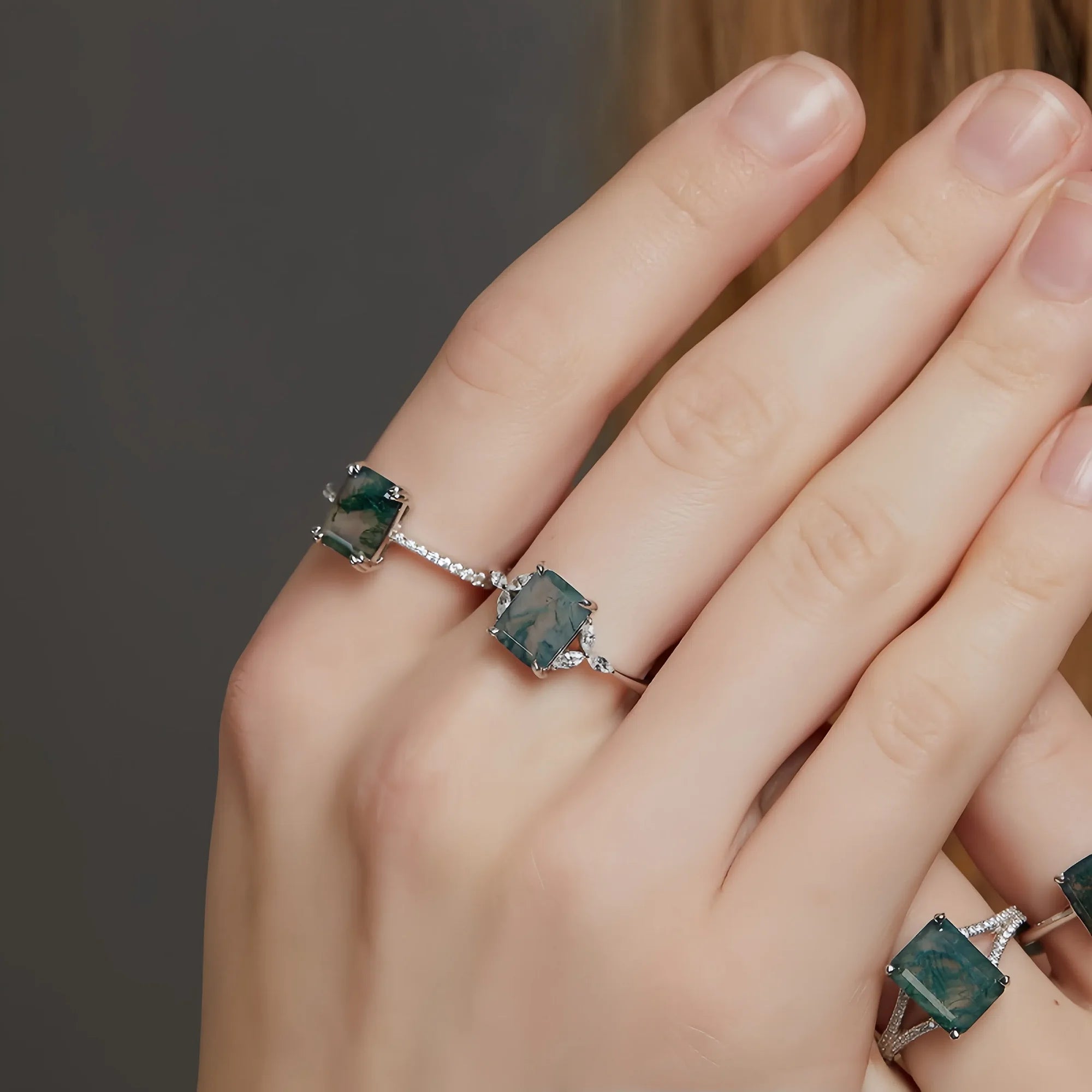 Emerald Cut Moss Agate Silver Ring
