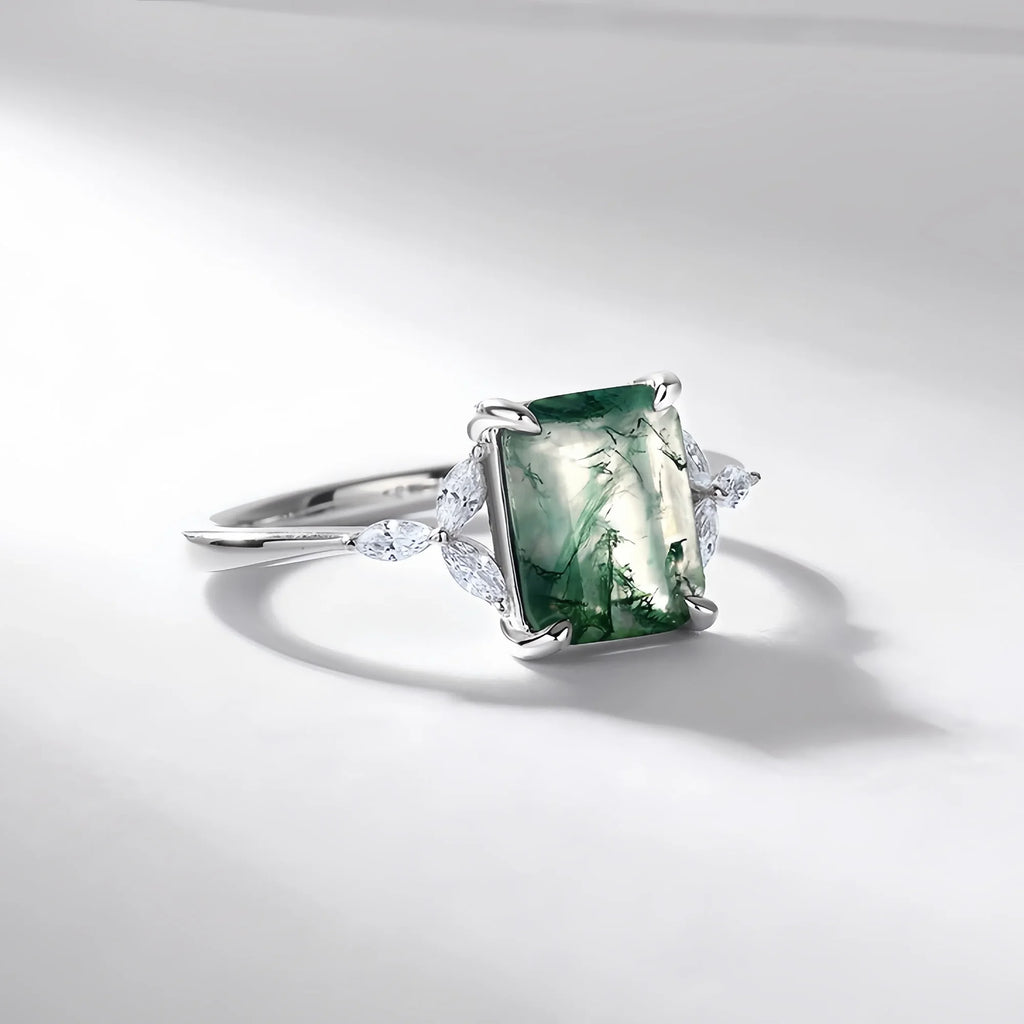 Emerald Cut Moss Agate Silver Ring