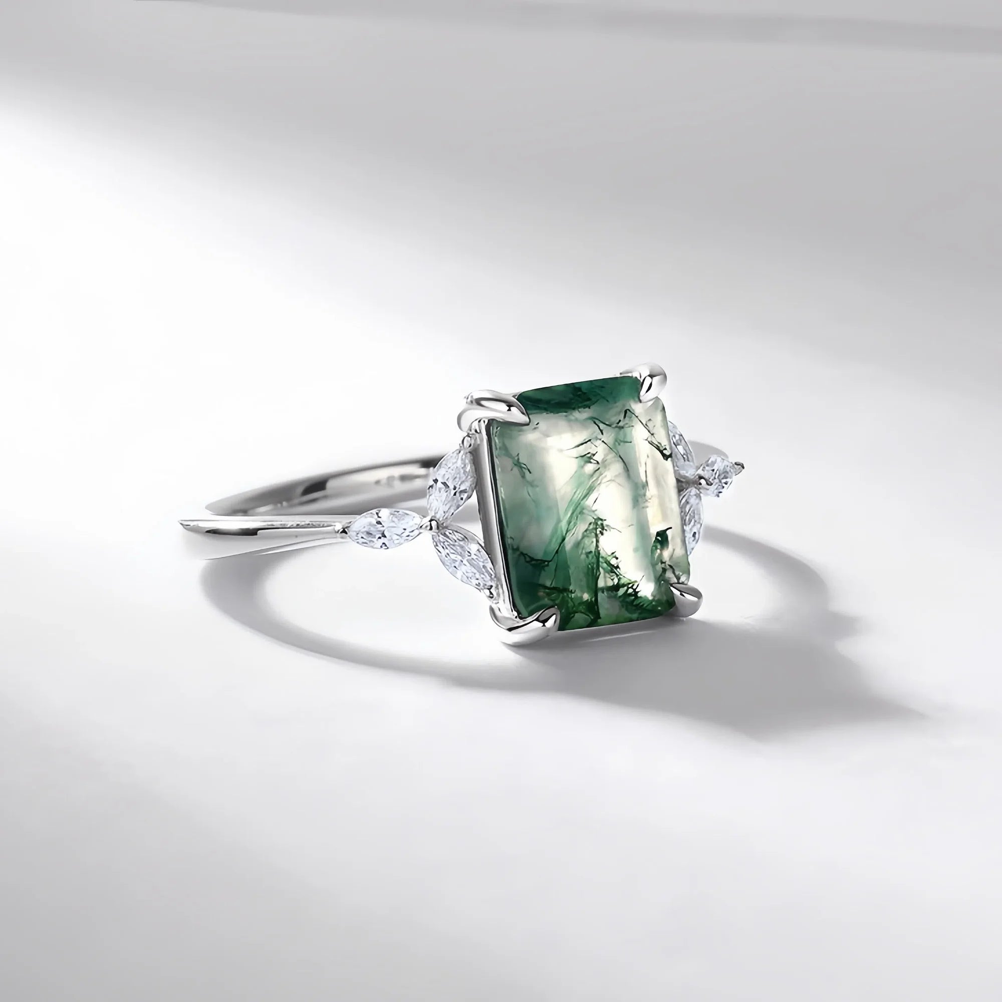 Emerald Cut Moss Agate Silver Ring
