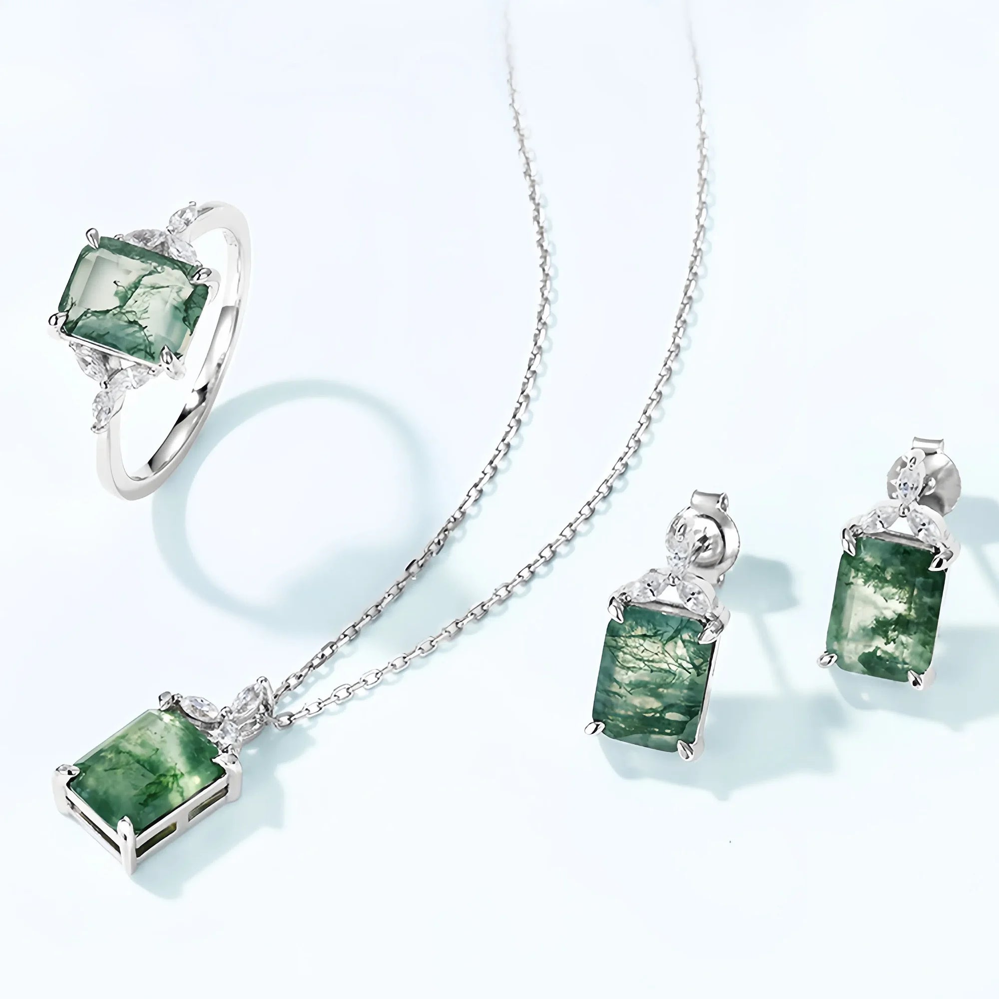 Emerald Cut Moss Agate Silver Ring