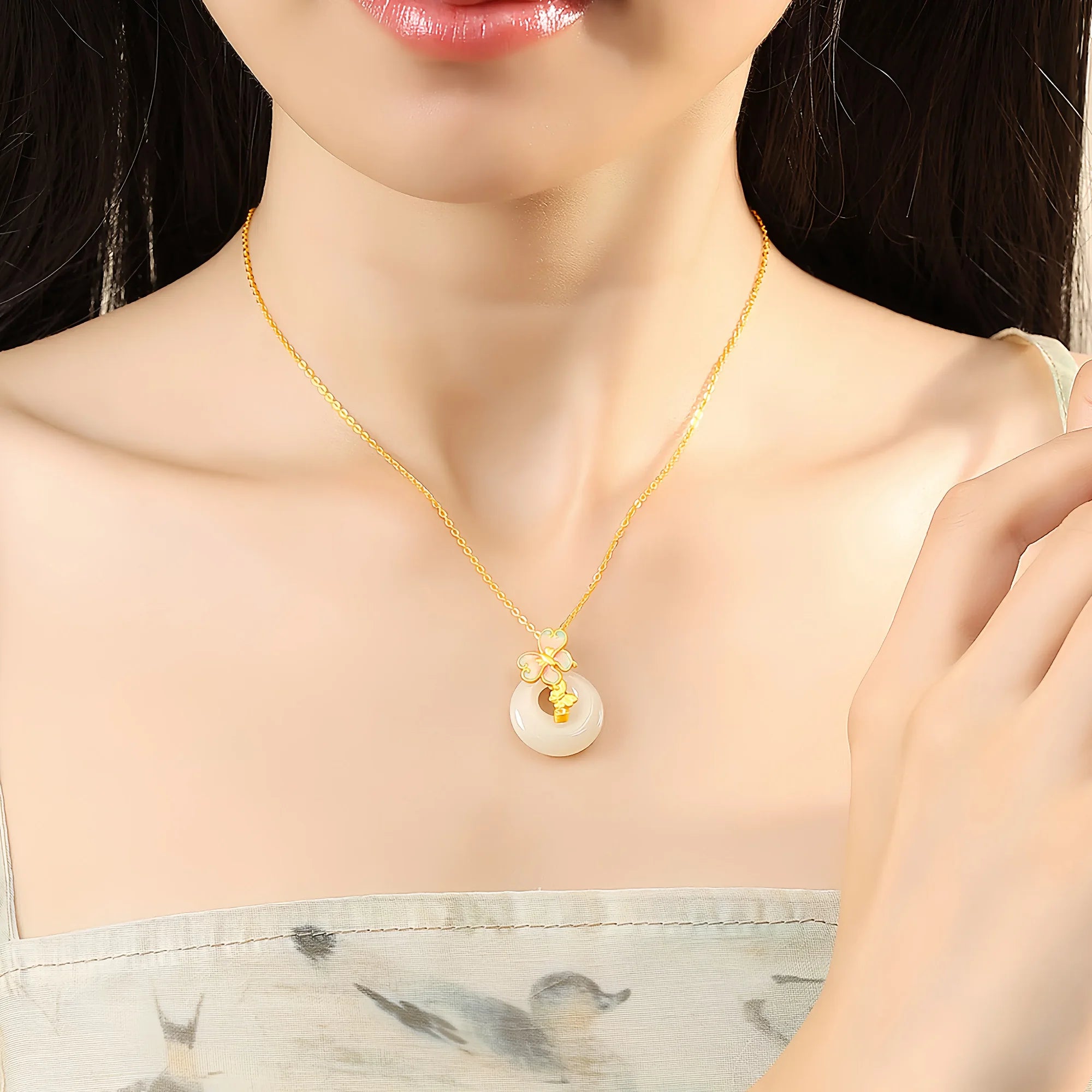 Enamel Butterfly & Hetian Jade Necklace