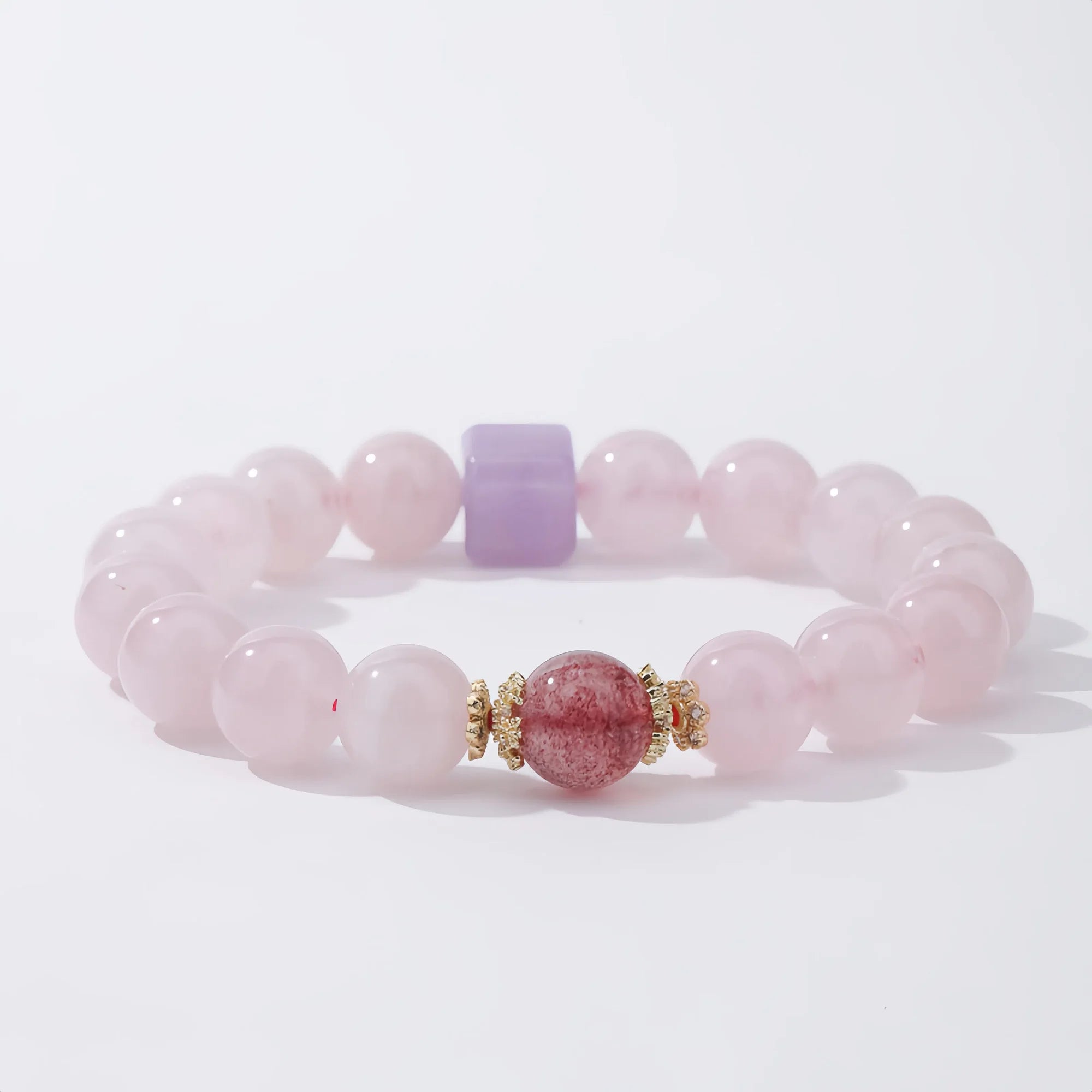 Geometric Harmony Rose Quartz, Amethyst & Strawberry Quartz Bracelet