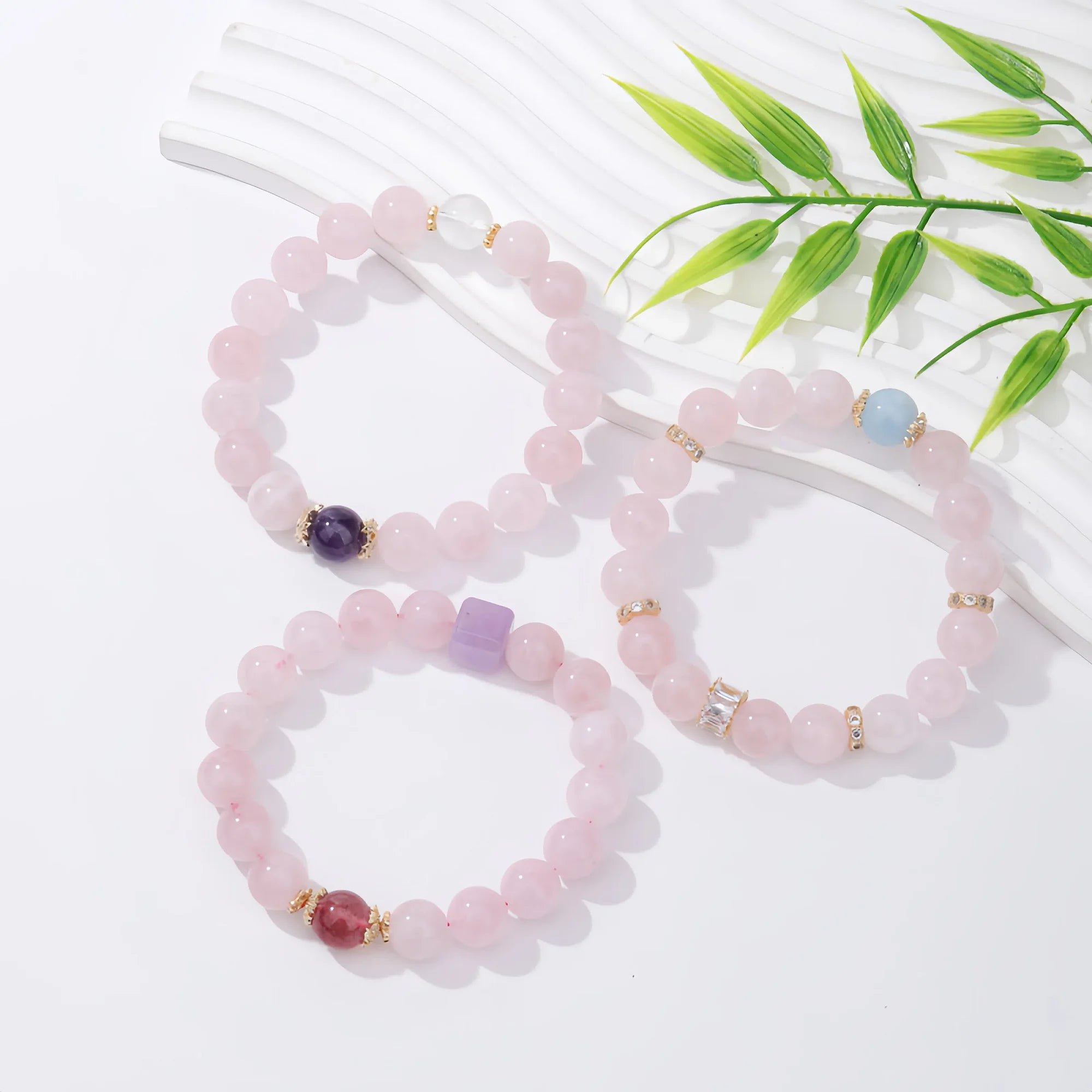 Geometric Harmony Rose Quartz, Amethyst & Strawberry Quartz Bracelet