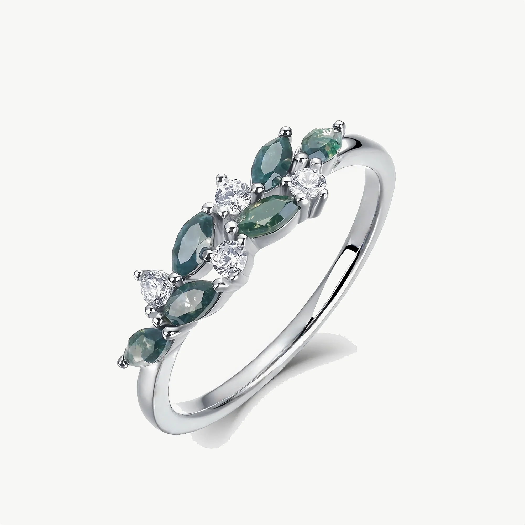 Geometric Leaf Moss Agate Silver Ring