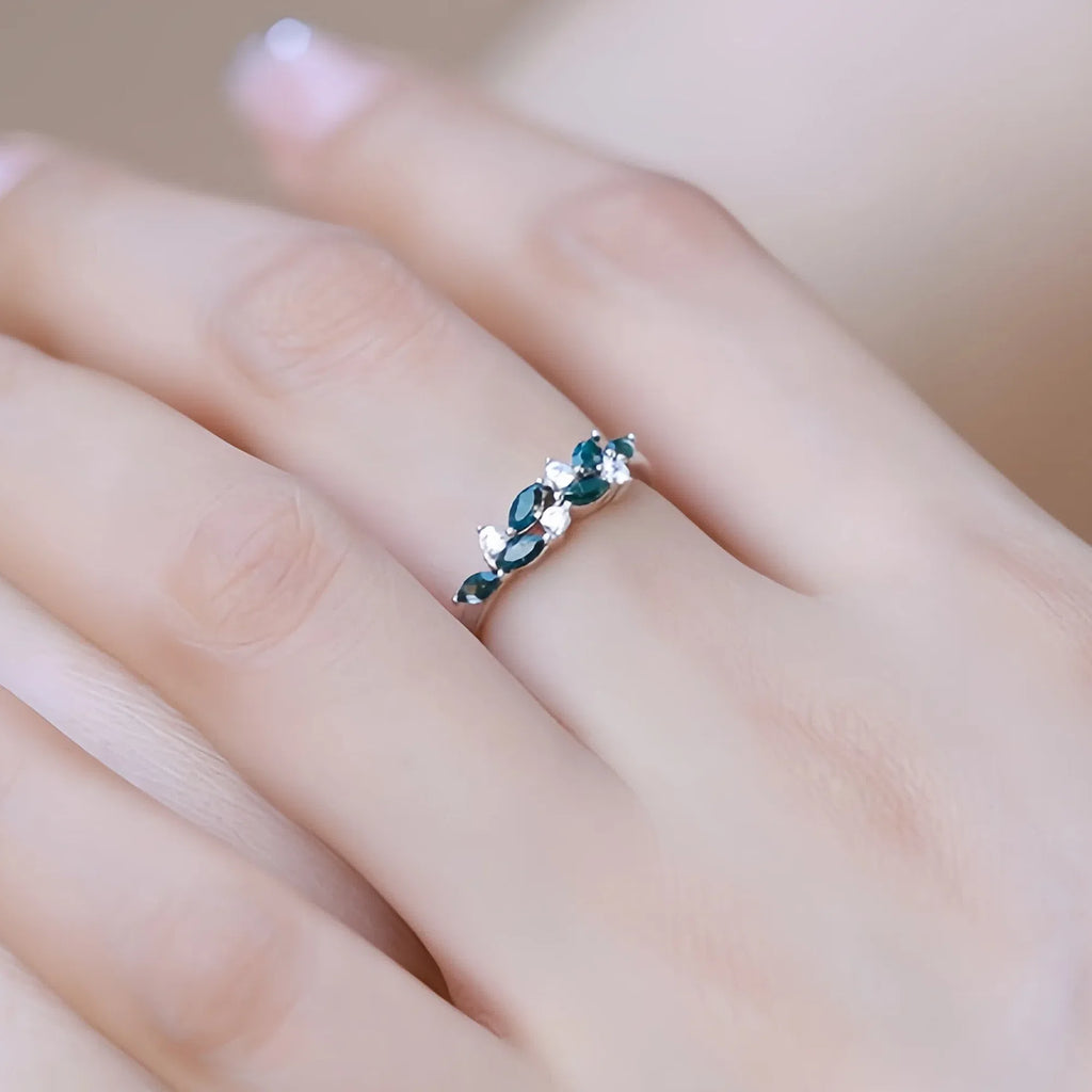 Geometric Leaf Moss Agate Silver Ring