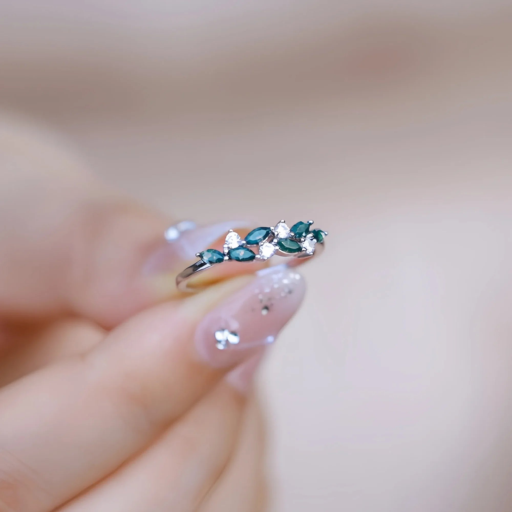 Geometric Leaf Moss Agate Silver Ring