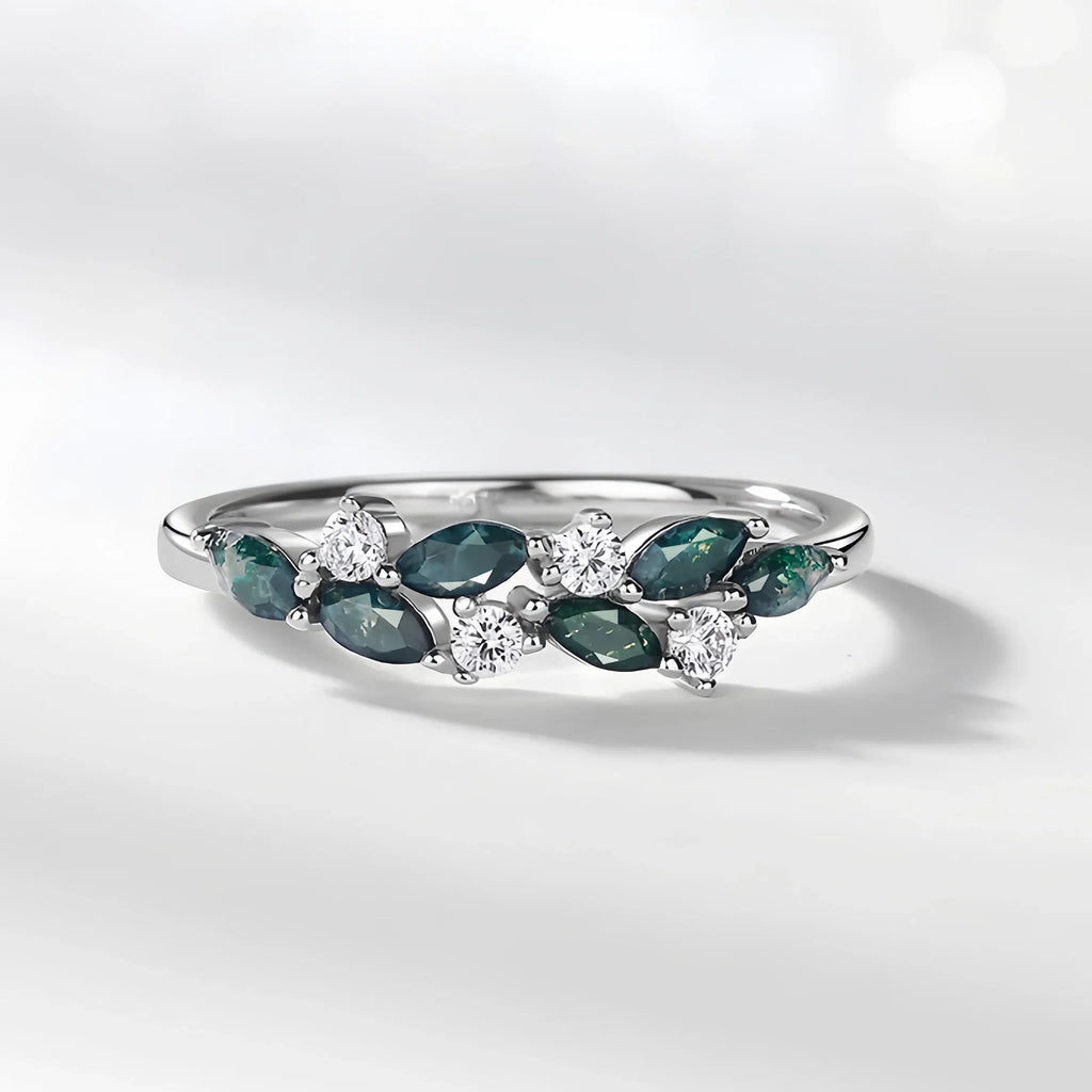 Geometric Leaf Moss Agate Silver Ring