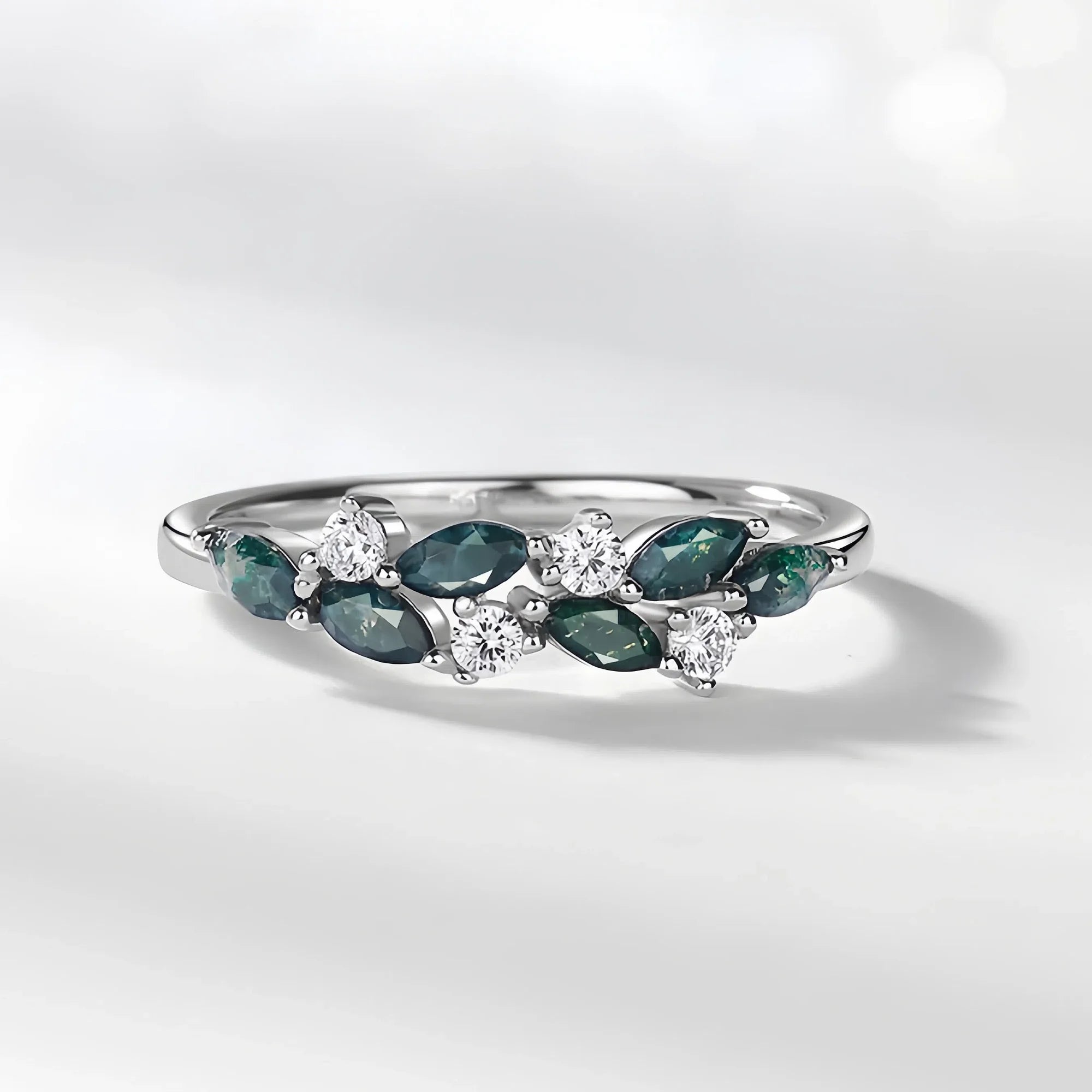 Geometric Leaf Moss Agate Silver Ring