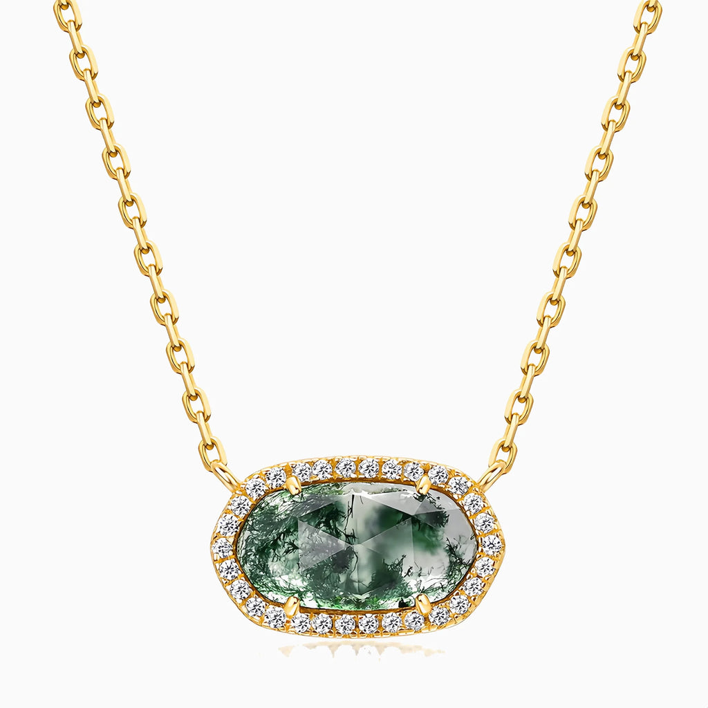 Golden Moss Agate Diamond Halo Necklace