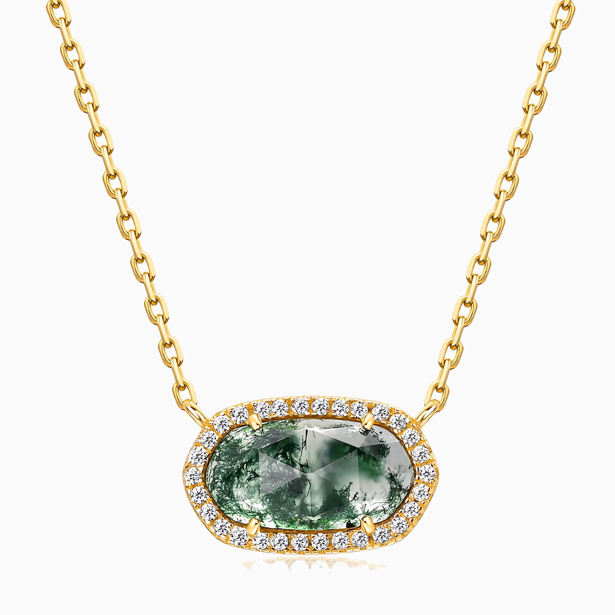 Golden Moss Agate Diamond Halo Necklace