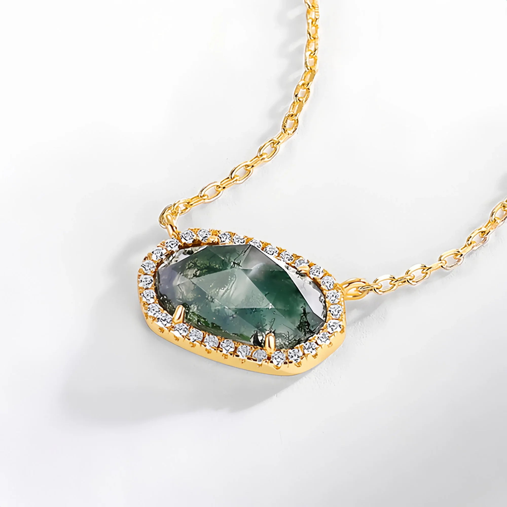 Golden Moss Agate Diamond Halo Necklace