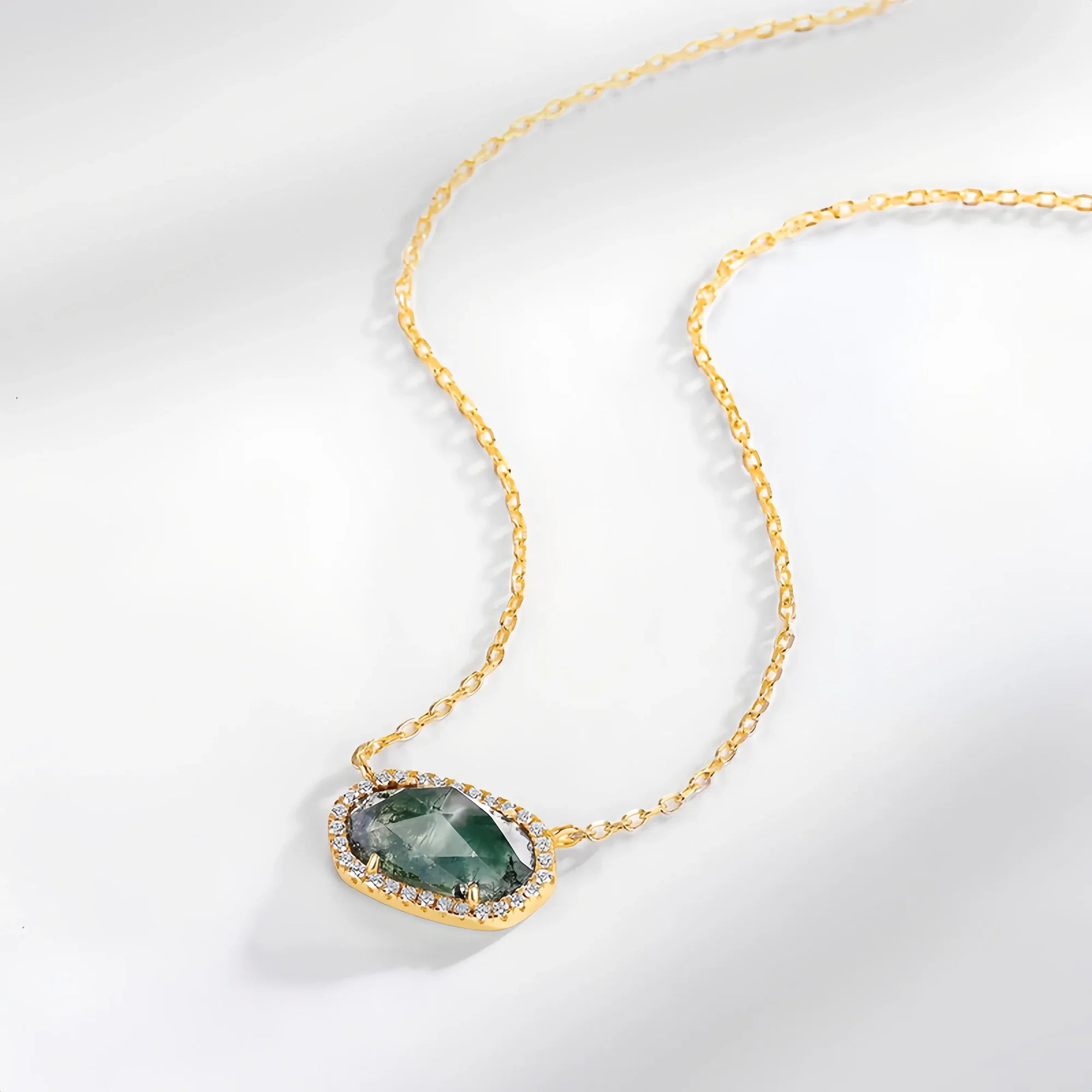 Golden Moss Agate Diamond Halo Necklace