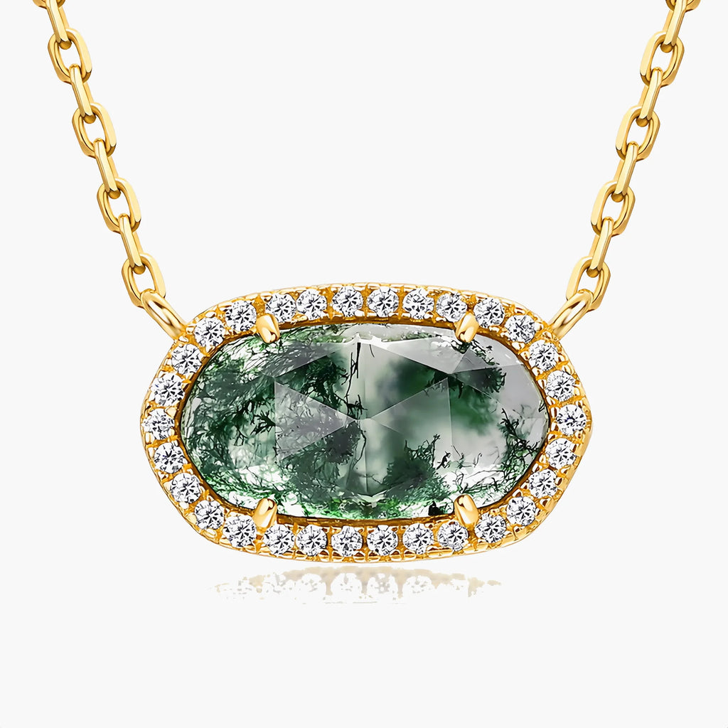 Golden Moss Agate Diamond Halo Necklace