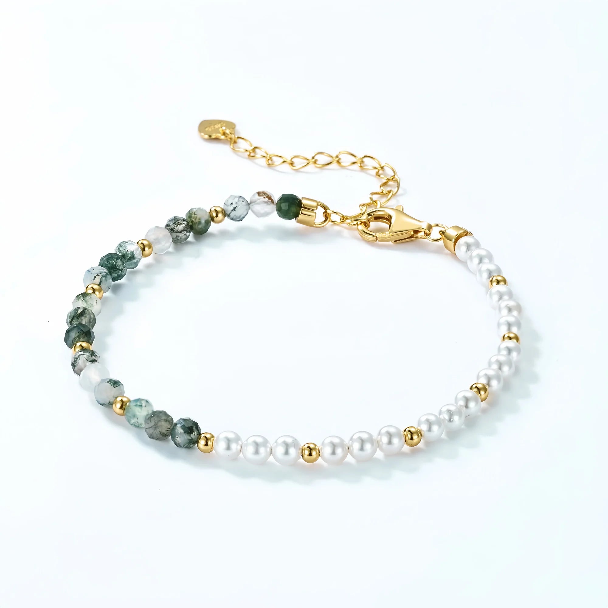 Handstrung Moss Agate Pearl Bracelet