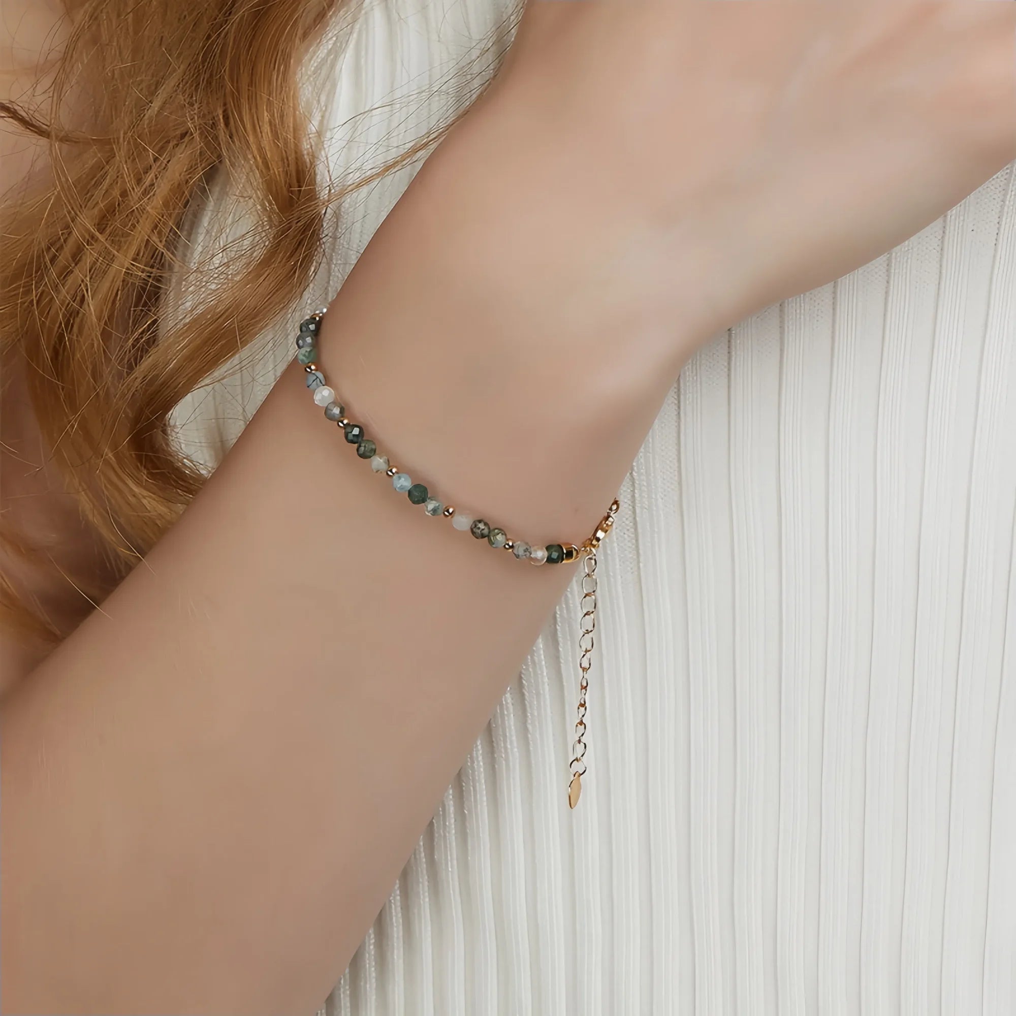 Handstrung Moss Agate Pearl Bracelet