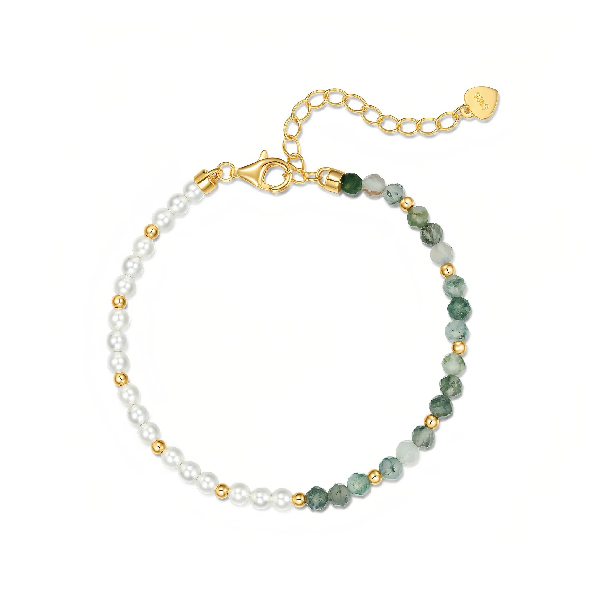 Handstrung Moss Agate Pearl Bracelet