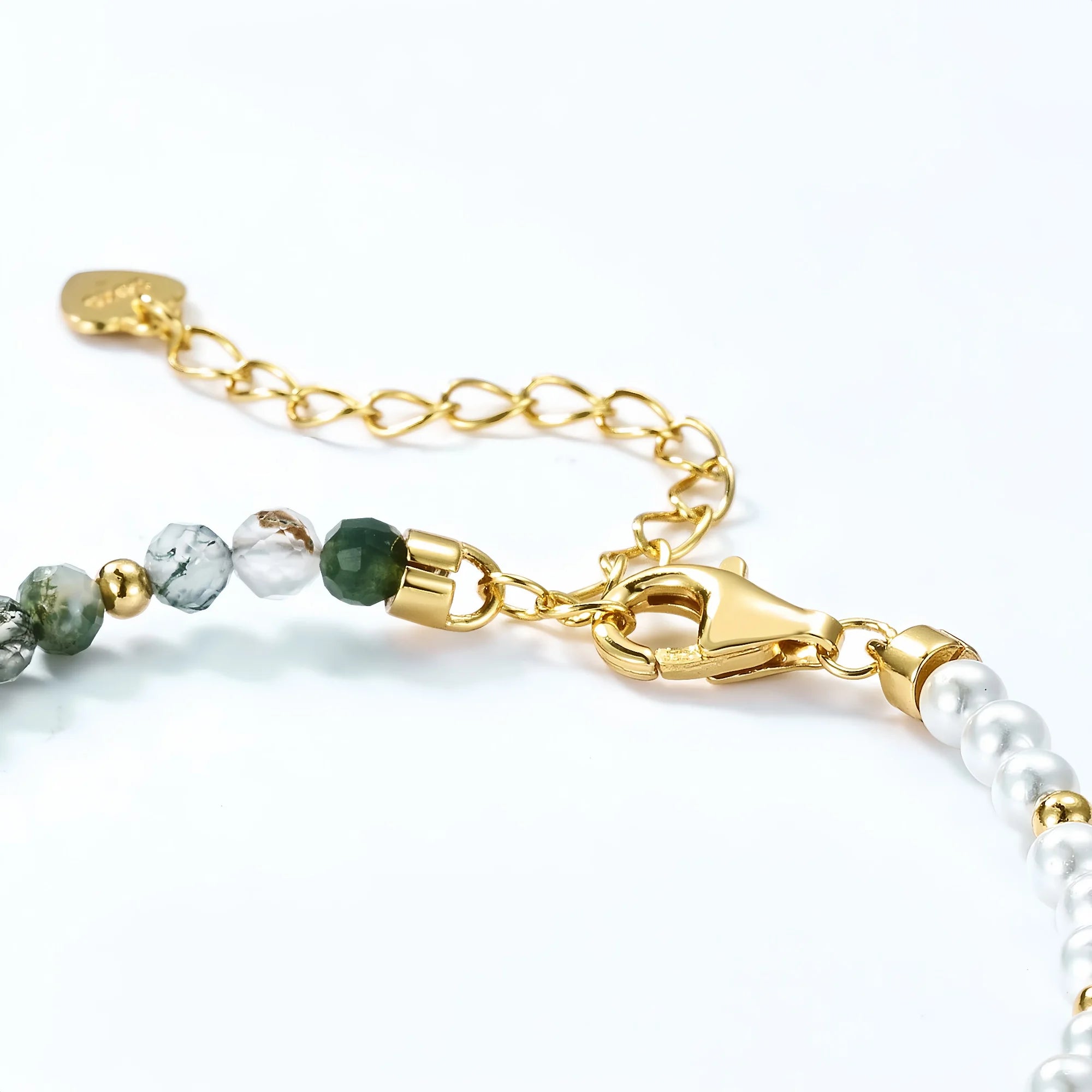 Handstrung Moss Agate Pearl Bracelet