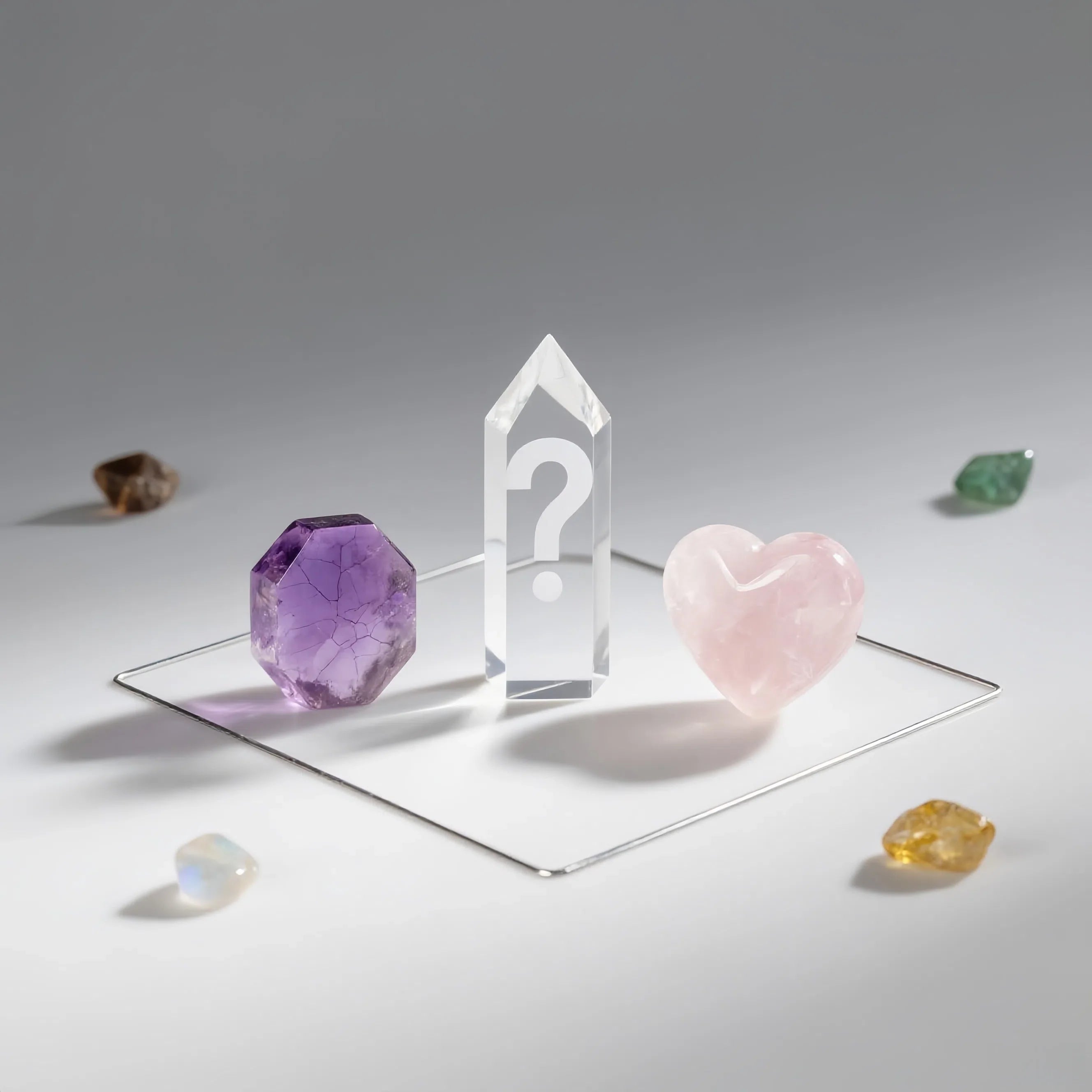 Crystal tower with a question mark on a reflective surface surrounded by various crystals.