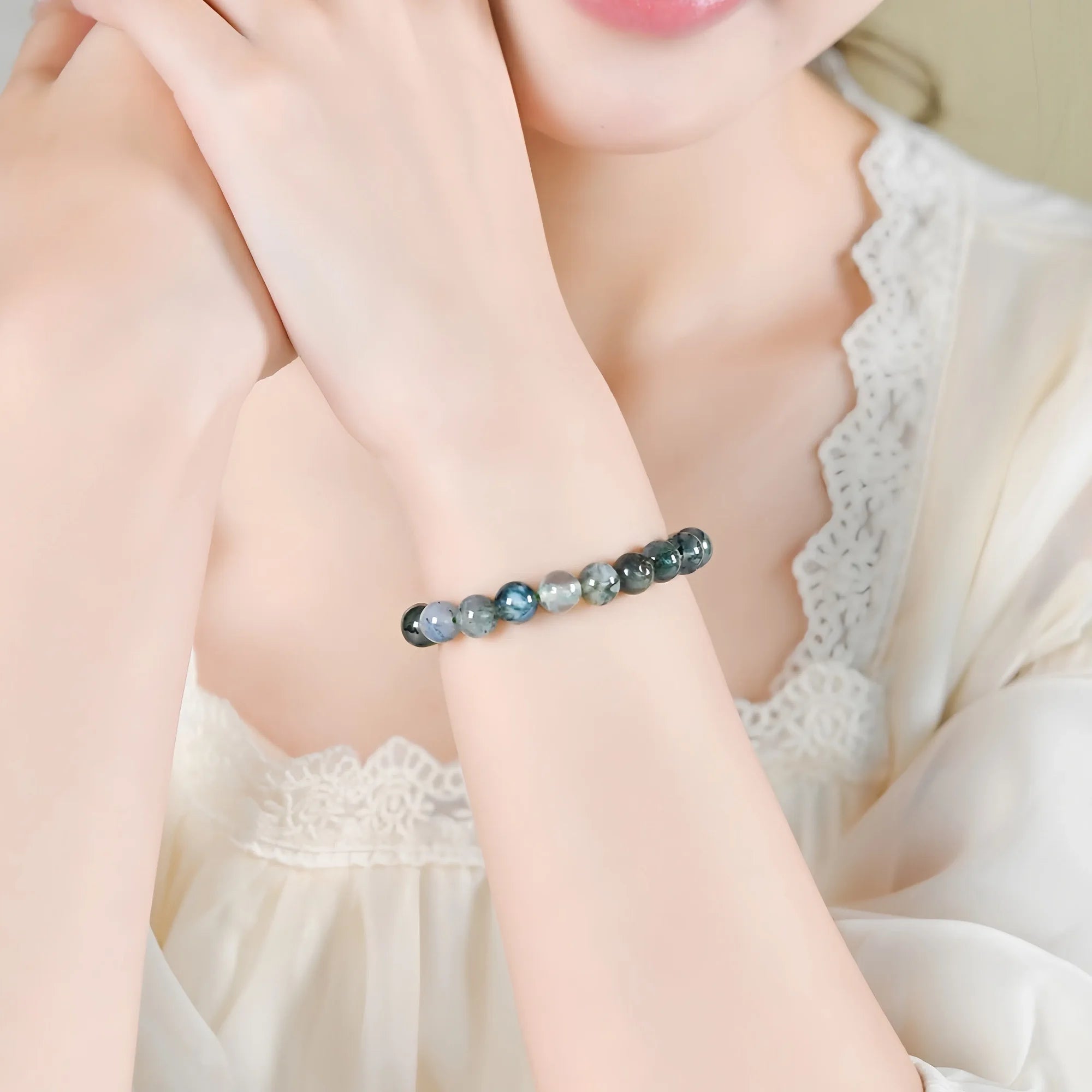 Icy Moss Agate 8mm Bead Bracelet