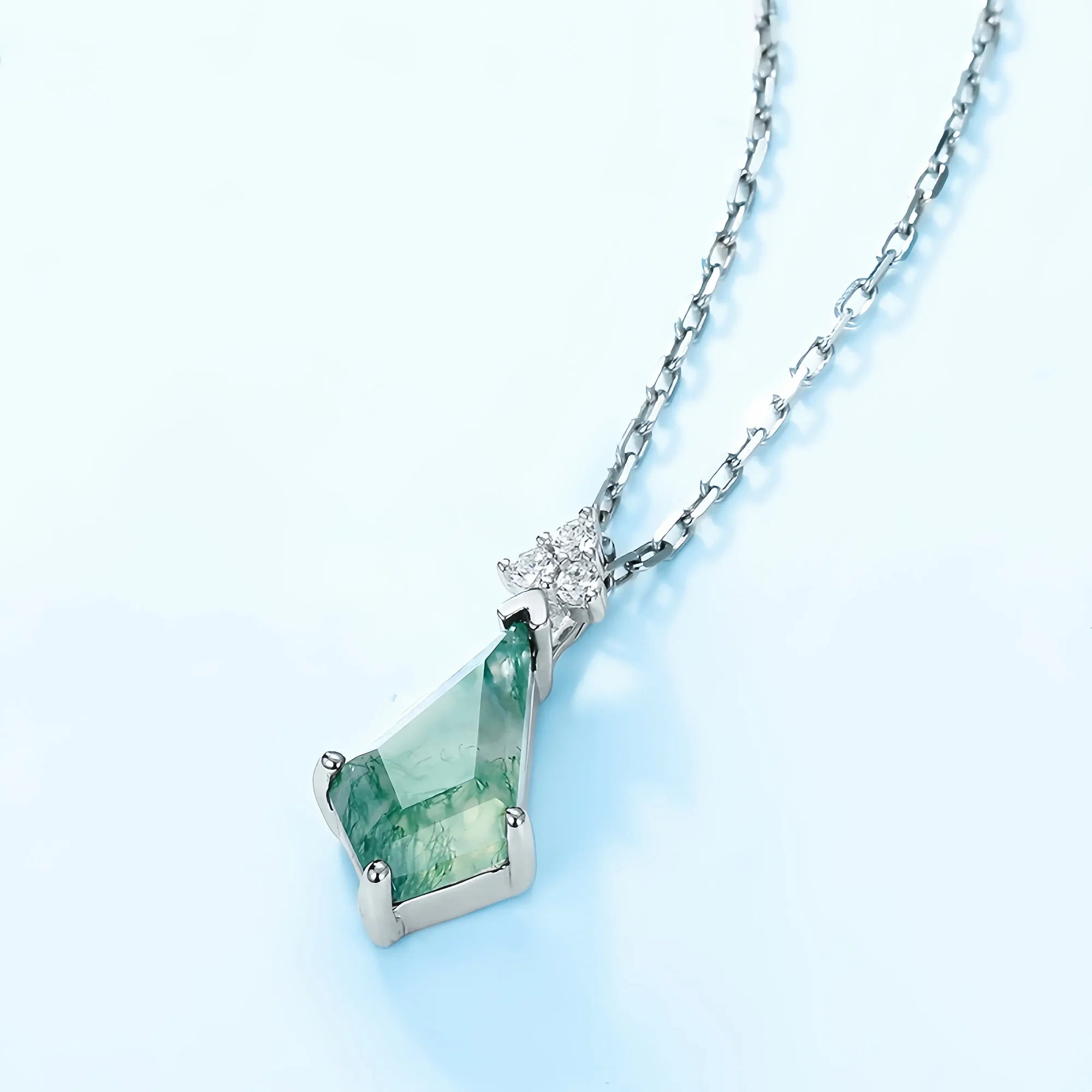 Kite Cut Moss Agate Diamond Pendant Necklace