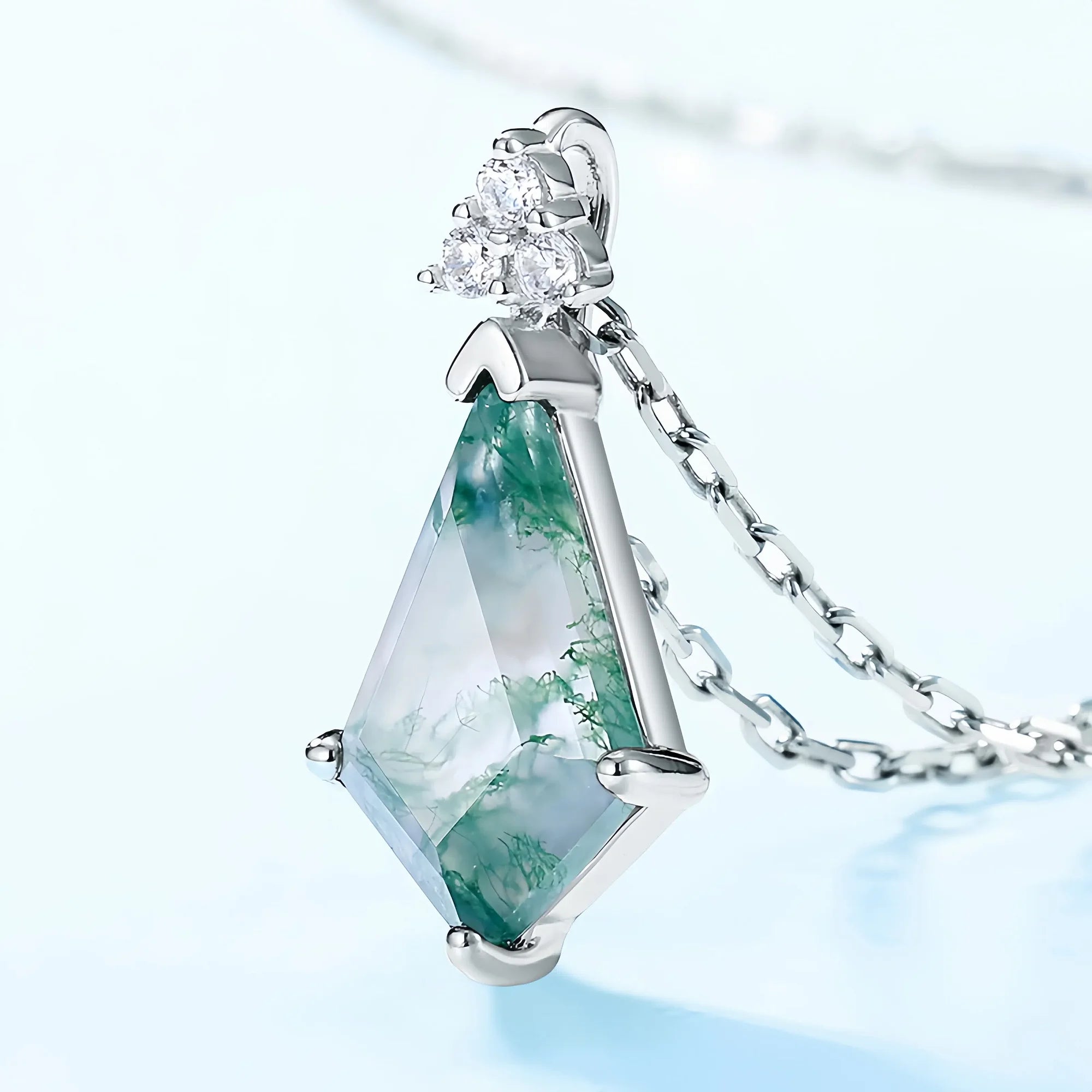 Kite Cut Moss Agate Diamond Pendant Necklace