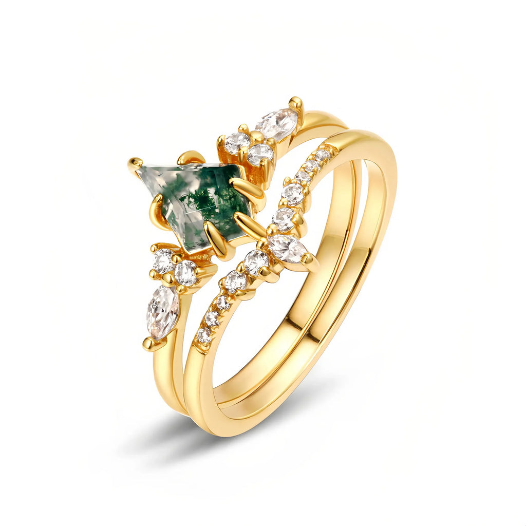 Kite Cut Moss Agate Ring Set with Diamond Accents