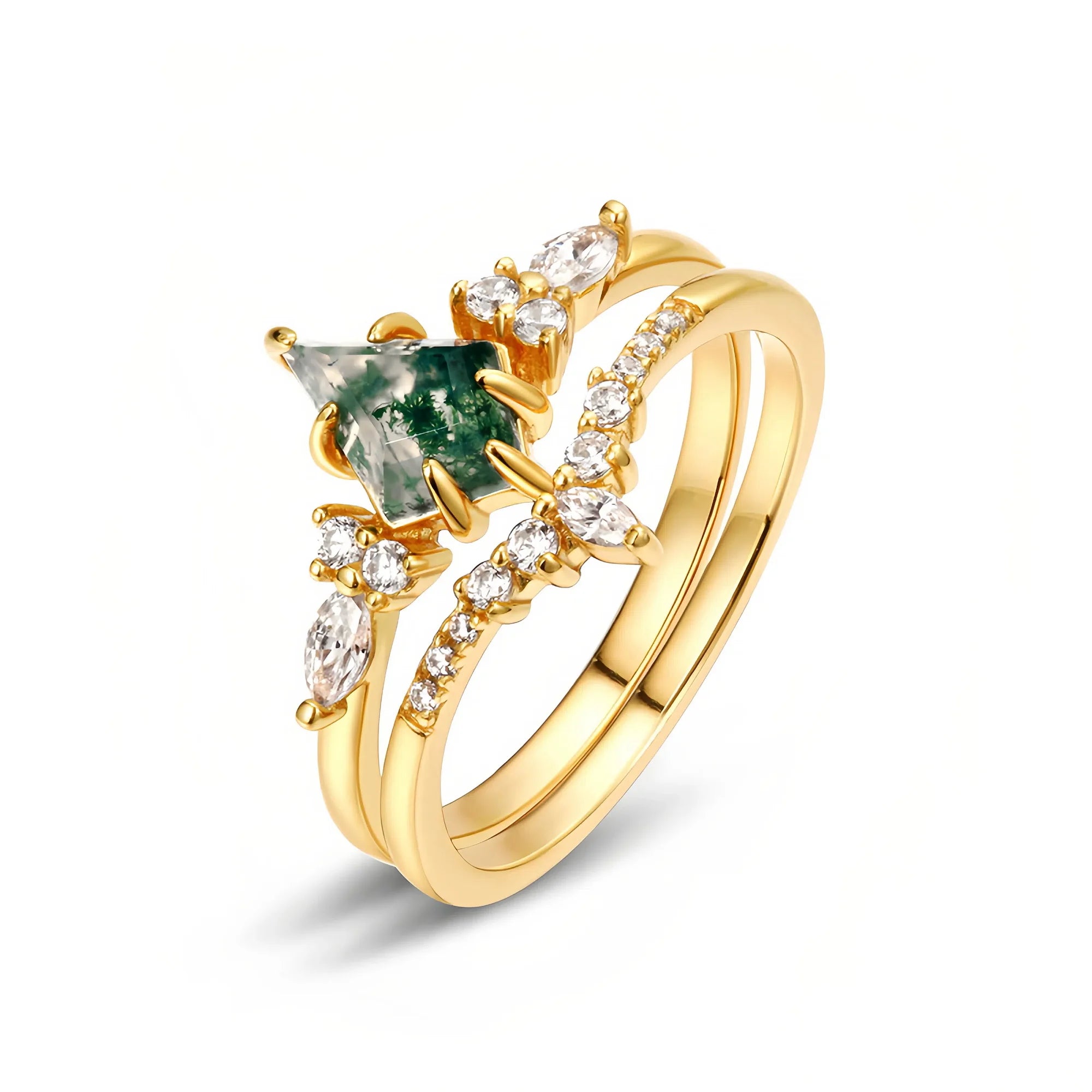 Kite Cut Moss Agate Ring Set with Diamond Accents