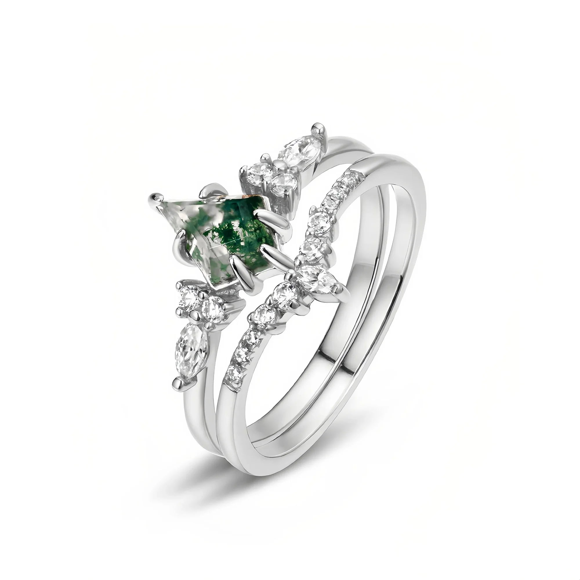 Kite Cut Moss Agate Ring Set with Diamond Accents