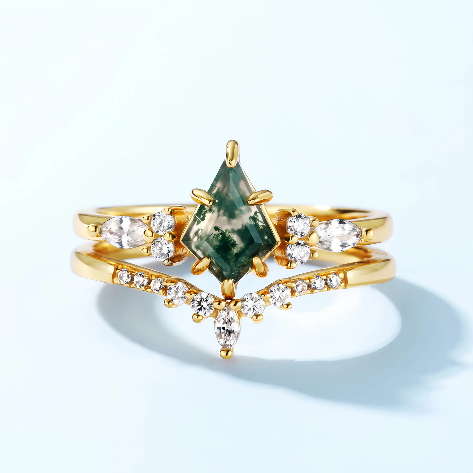 Kite Cut Moss Agate Ring Set with Diamond Accents