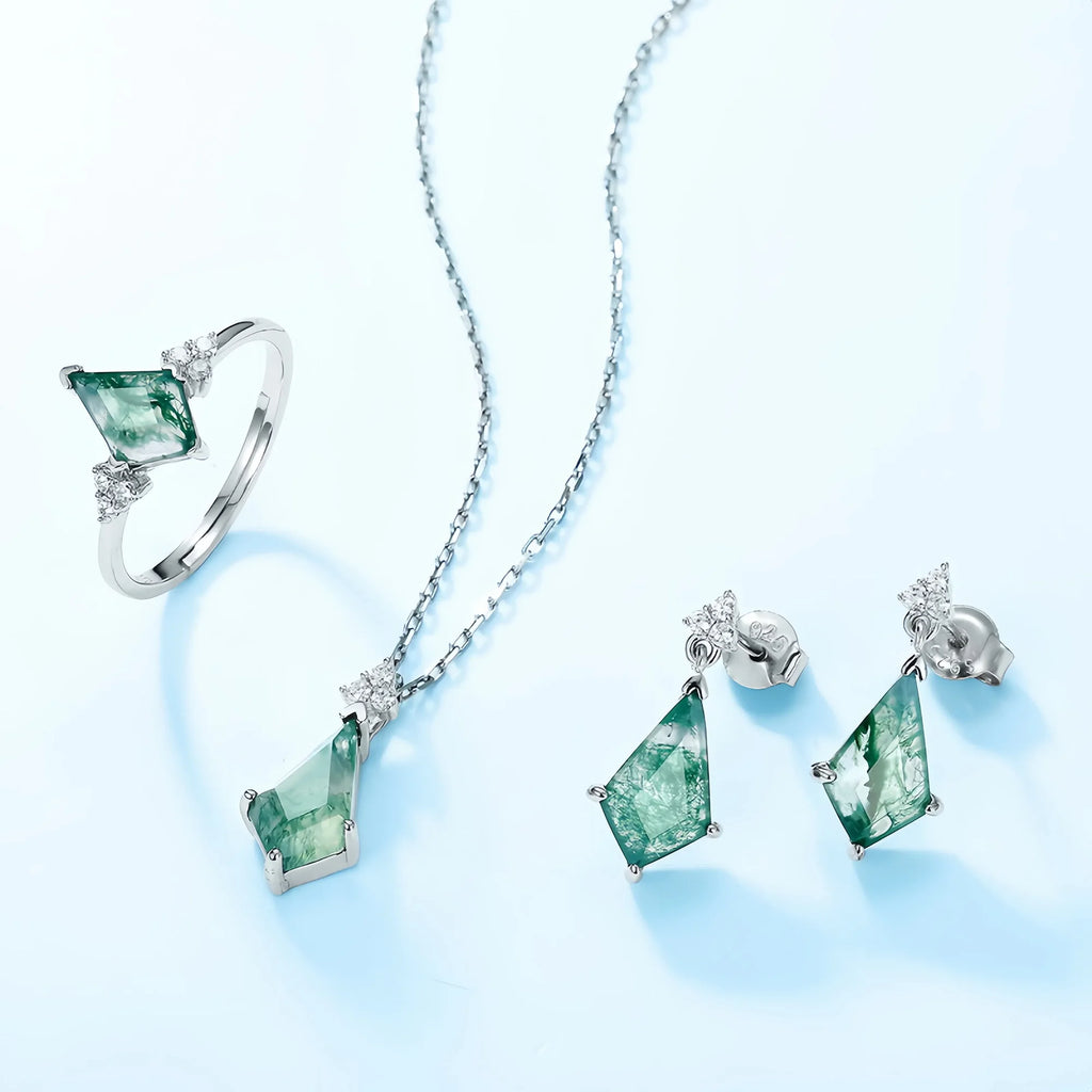 Kite Cut Moss Agate Drop Earrings