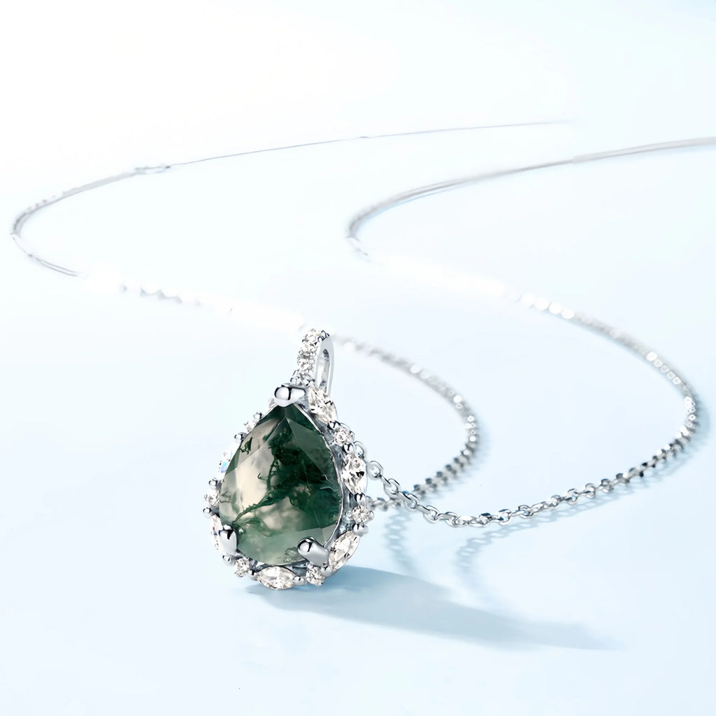 Moss Agate Teardrop Pendant Necklace