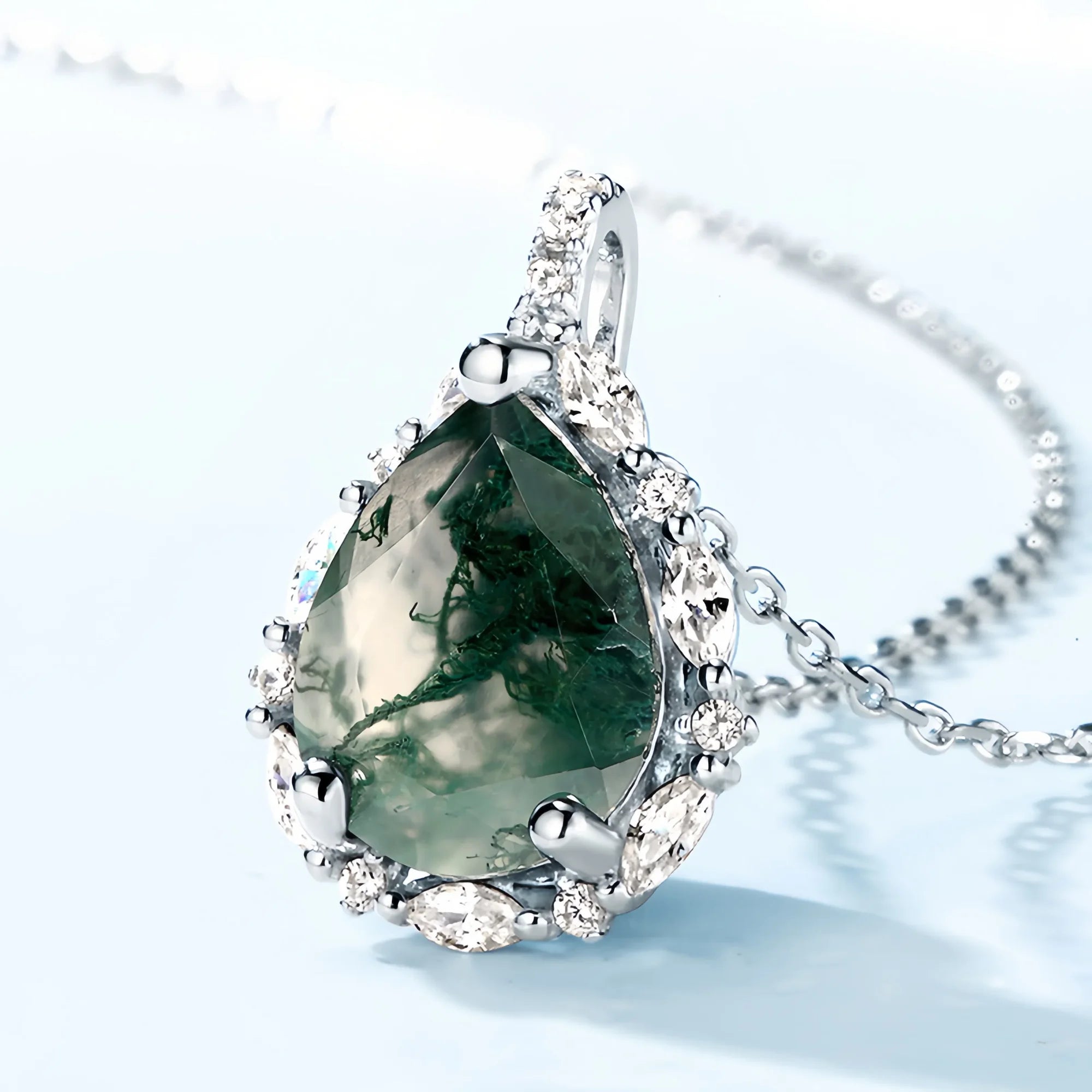 Moss Agate Teardrop Pendant Necklace