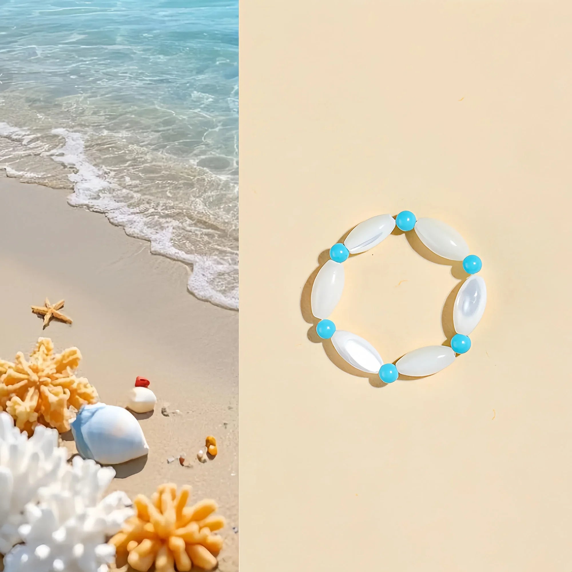 Natural Trochus Shell & Turquoise Alternating Bead Ring