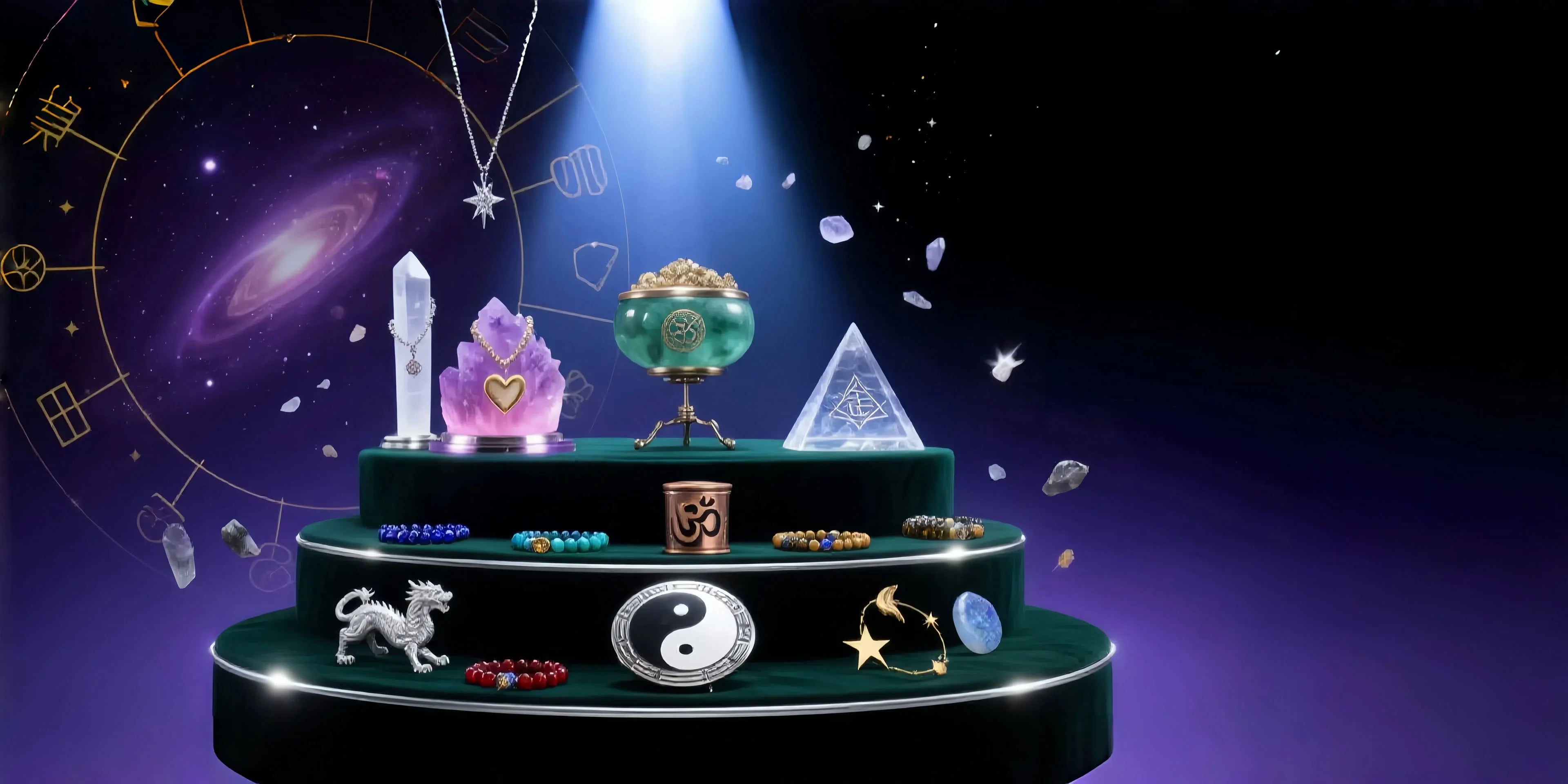 Decorative display with crystals and symbols on a dark background - Nova Ritual