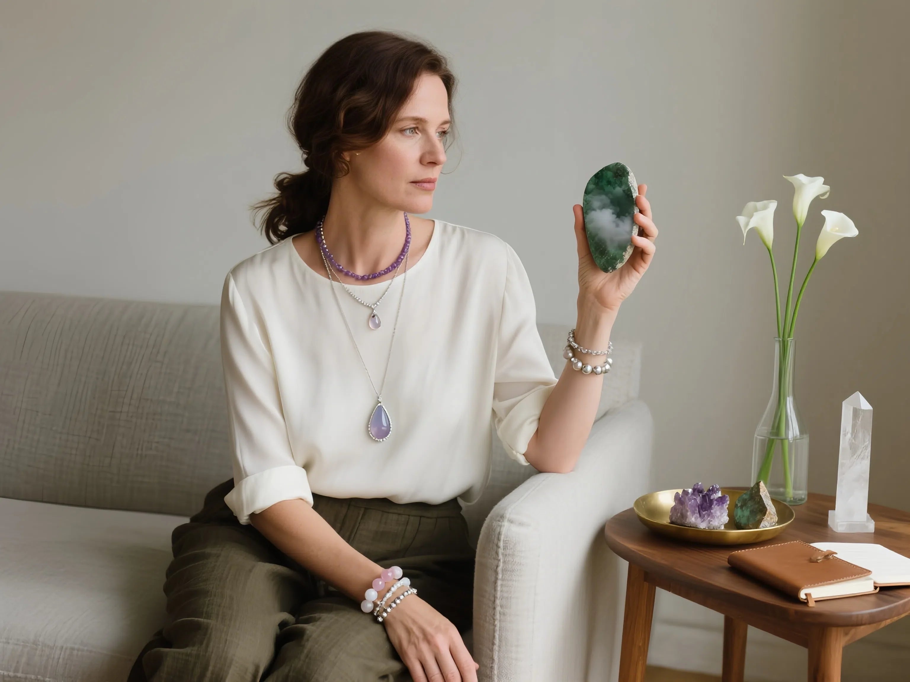 Woman sitting on a couch holding a green crystal, with a vase of flowers and books on a table in the background.