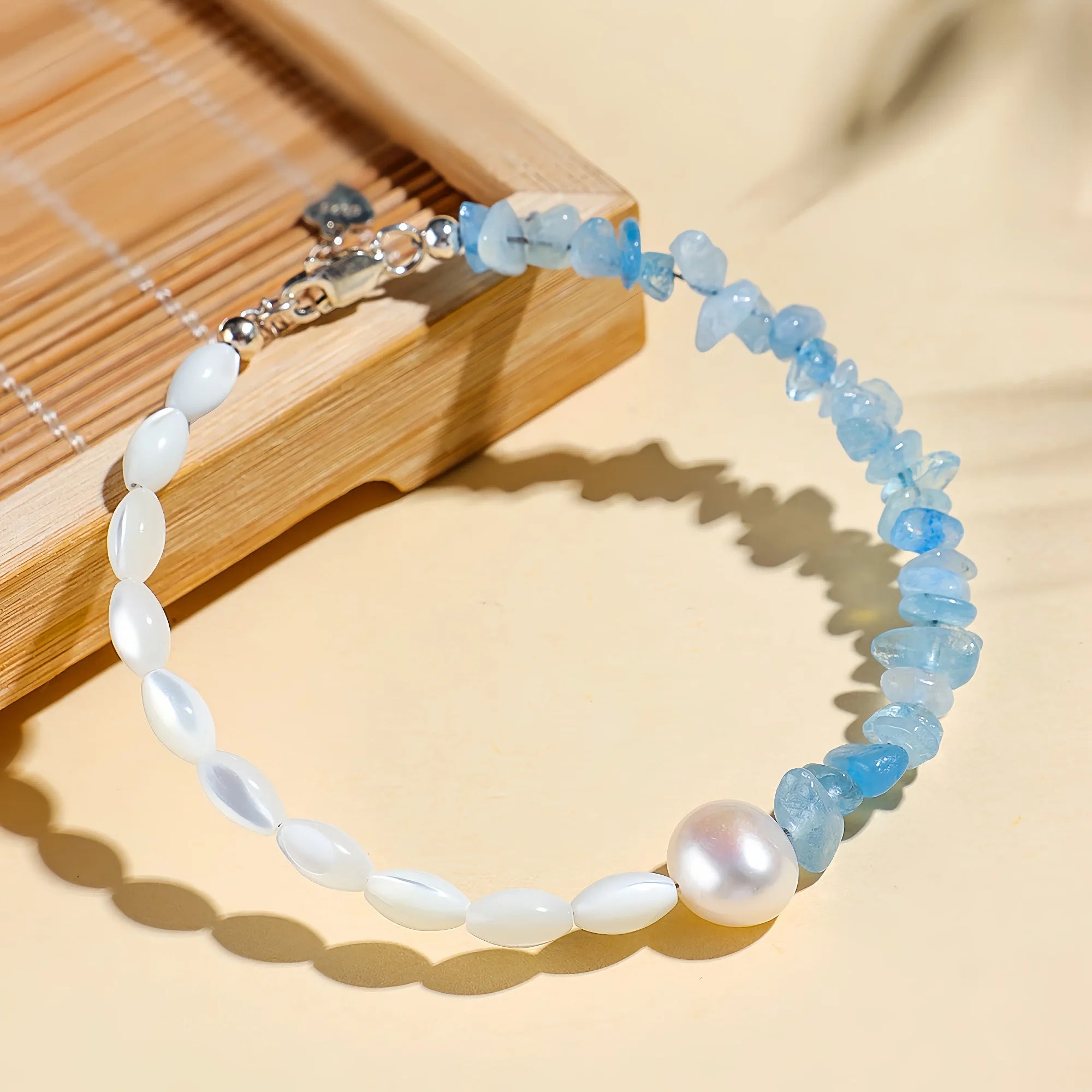 Parallel Trochus & Aquamarine Pearl Link Bracelet