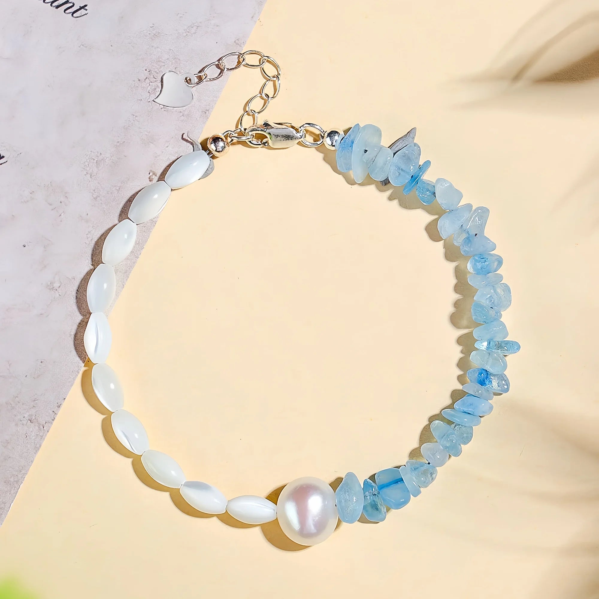 Parallel Trochus & Aquamarine Pearl Link Bracelet