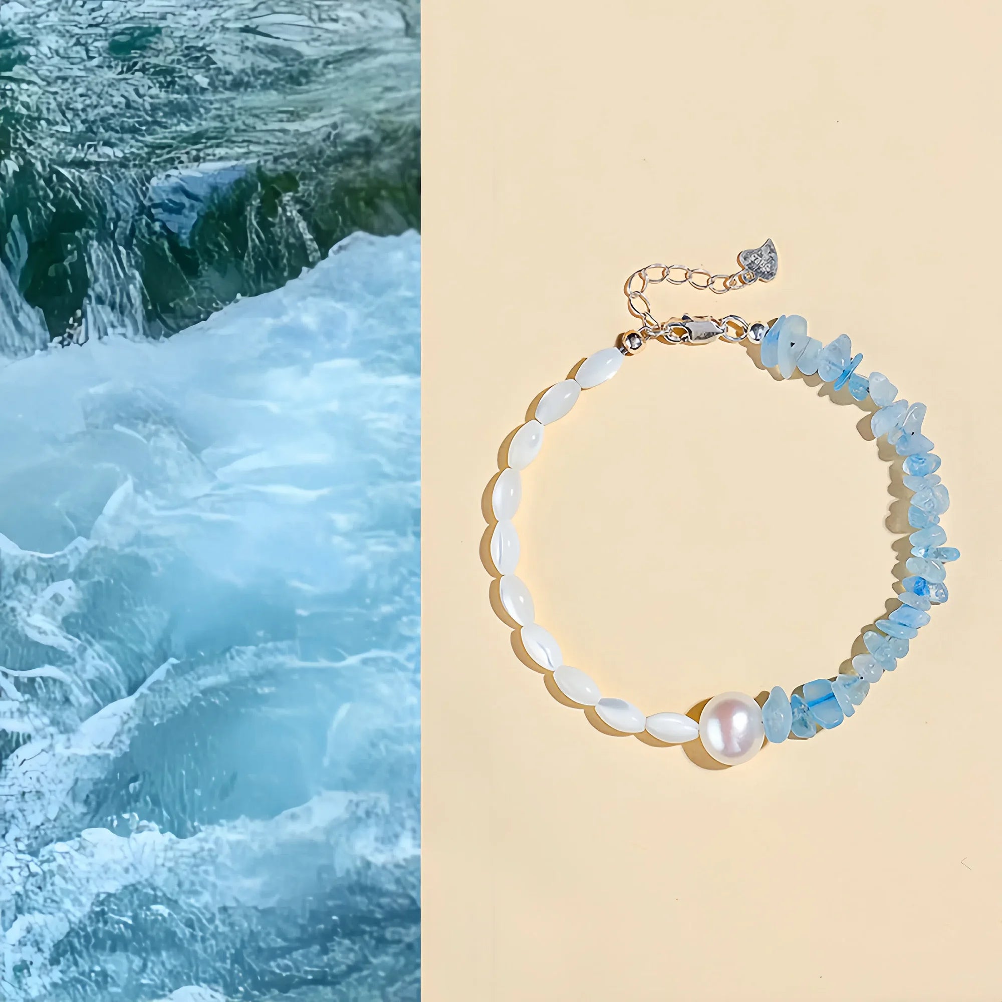 Parallel Trochus & Aquamarine Pearl Link Bracelet