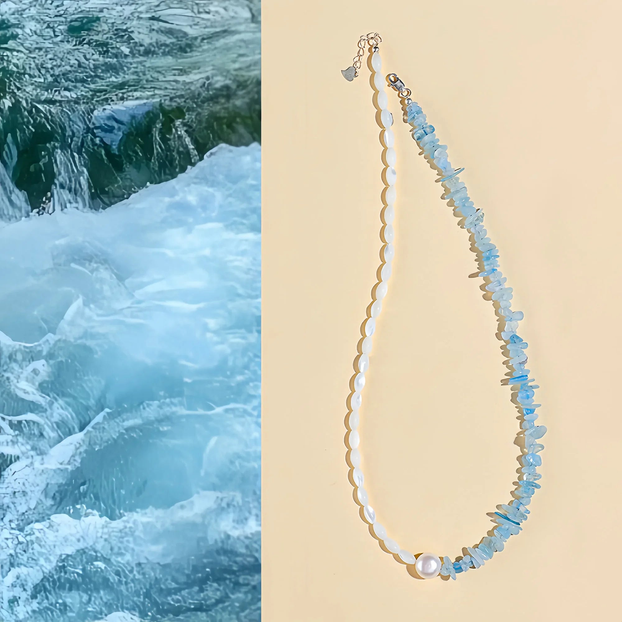 Parallel Trochus & Aquamarine Pearl Link Necklace