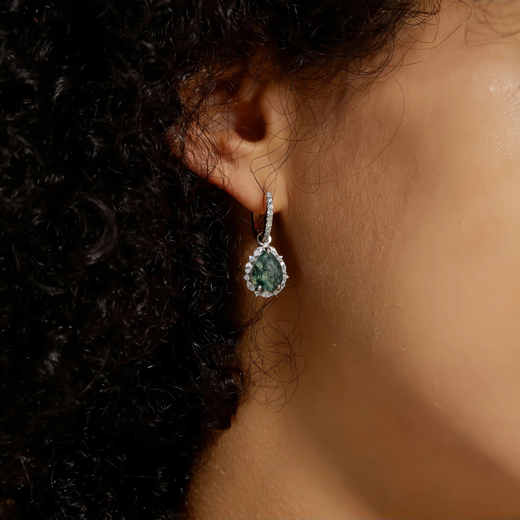 Pear Shaped Moss Agate Drop Earrings